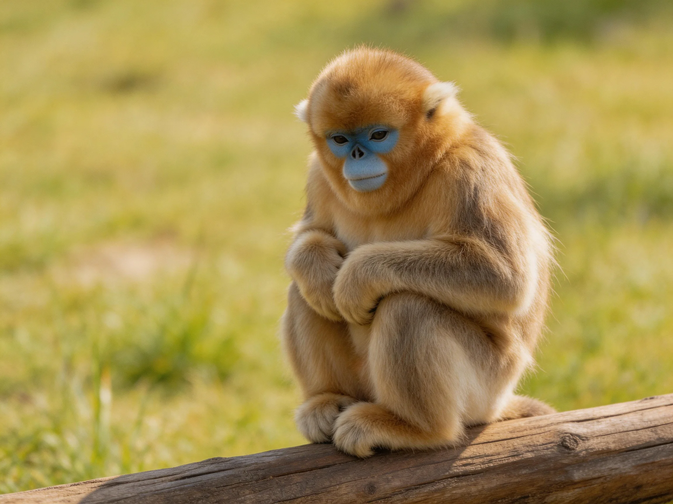 Golden-furred monkey with blue facial markings perched on a wooden log