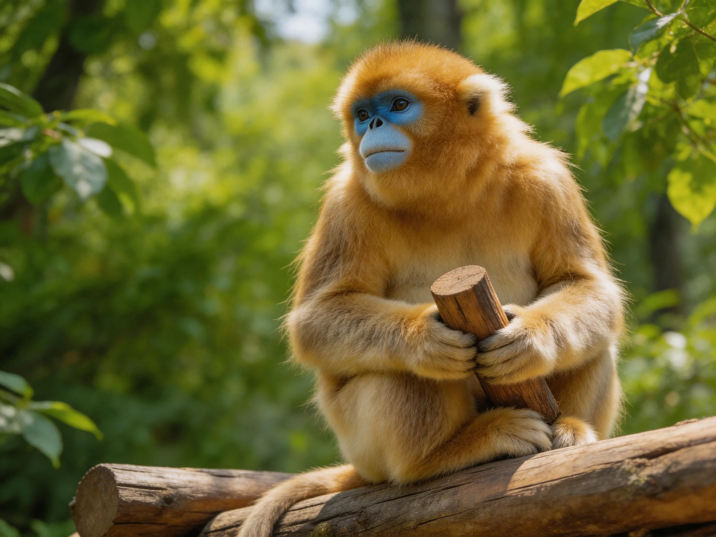 A golden monkey with blue facial skin holds wood on wooden logs in a green forest.