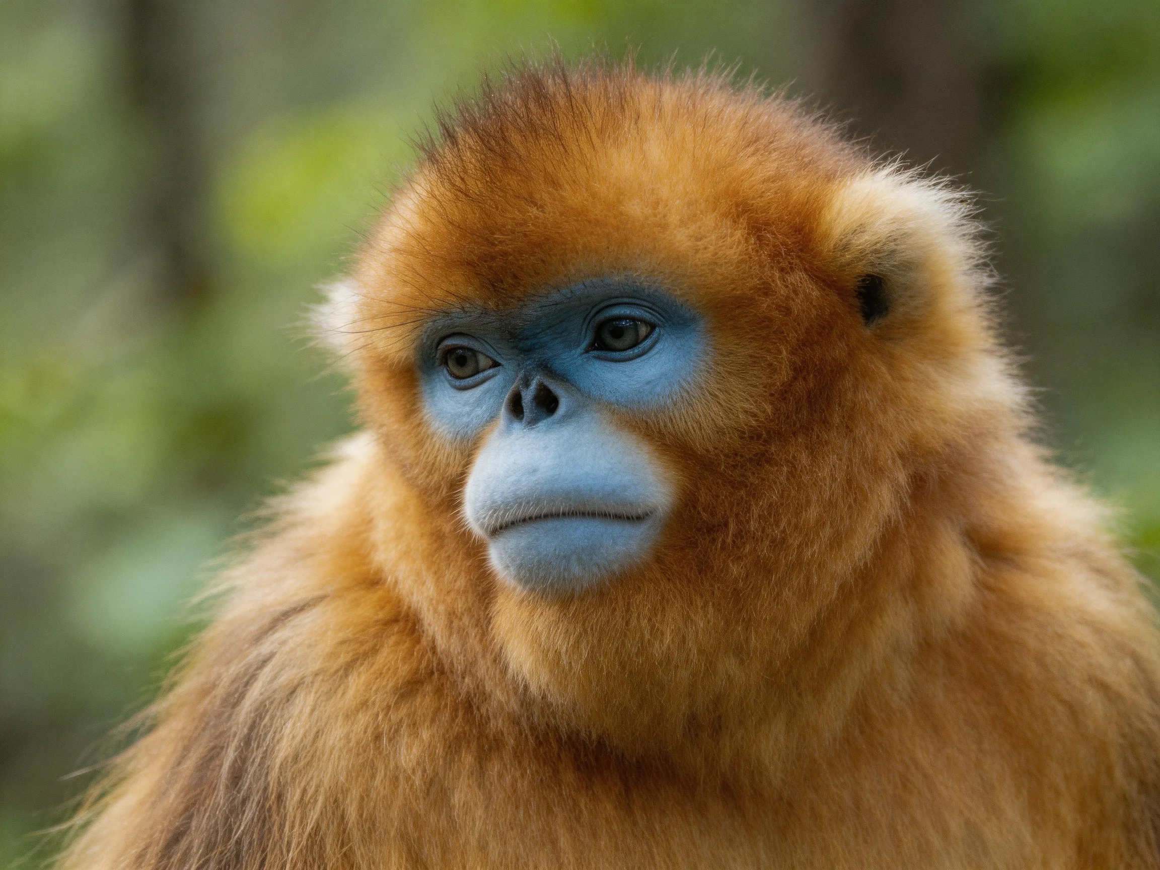 Golden-furred primate with blue facial region in natural setting