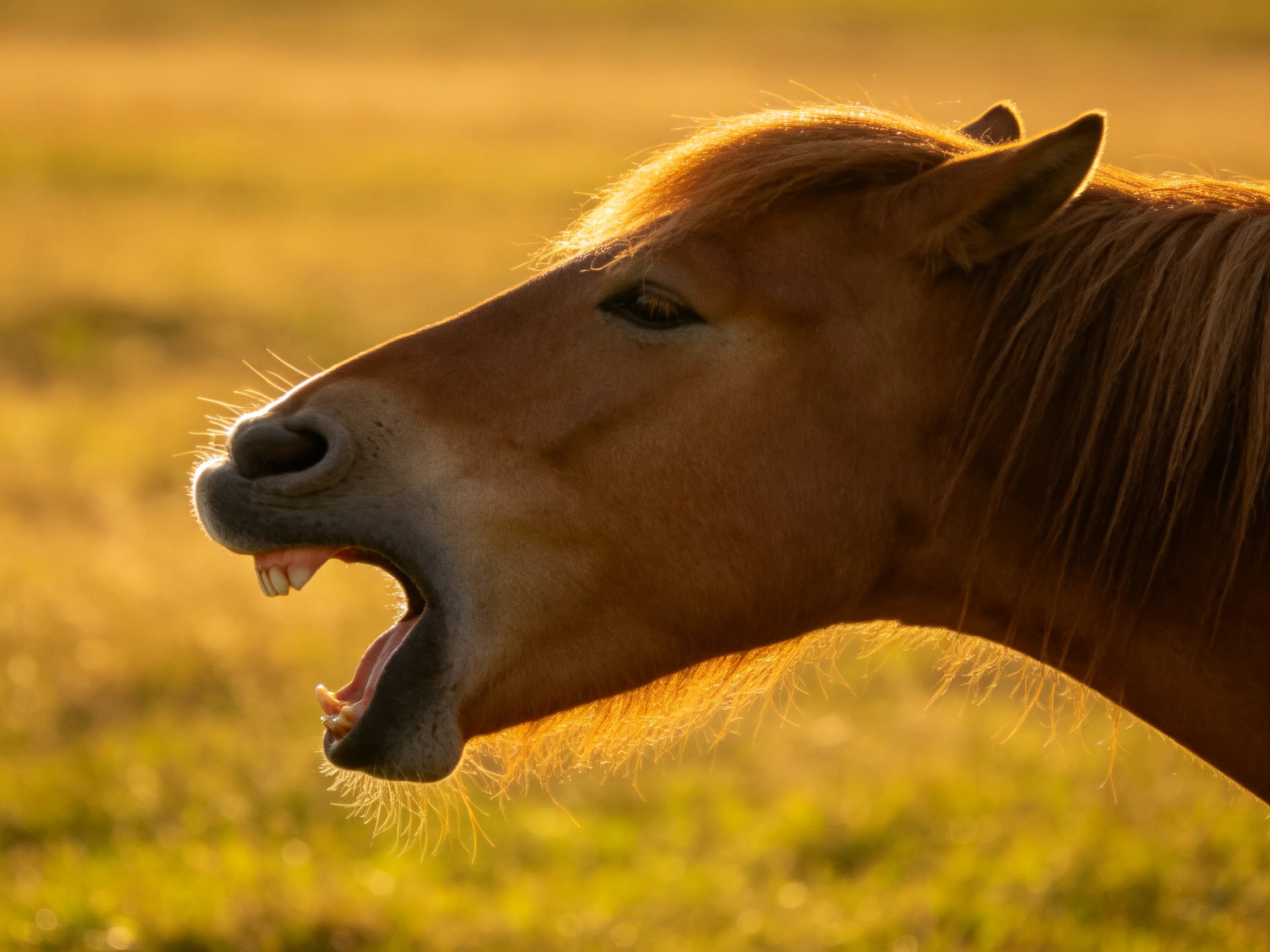 Golden-hued horse yawning in a sun-drenched meadow