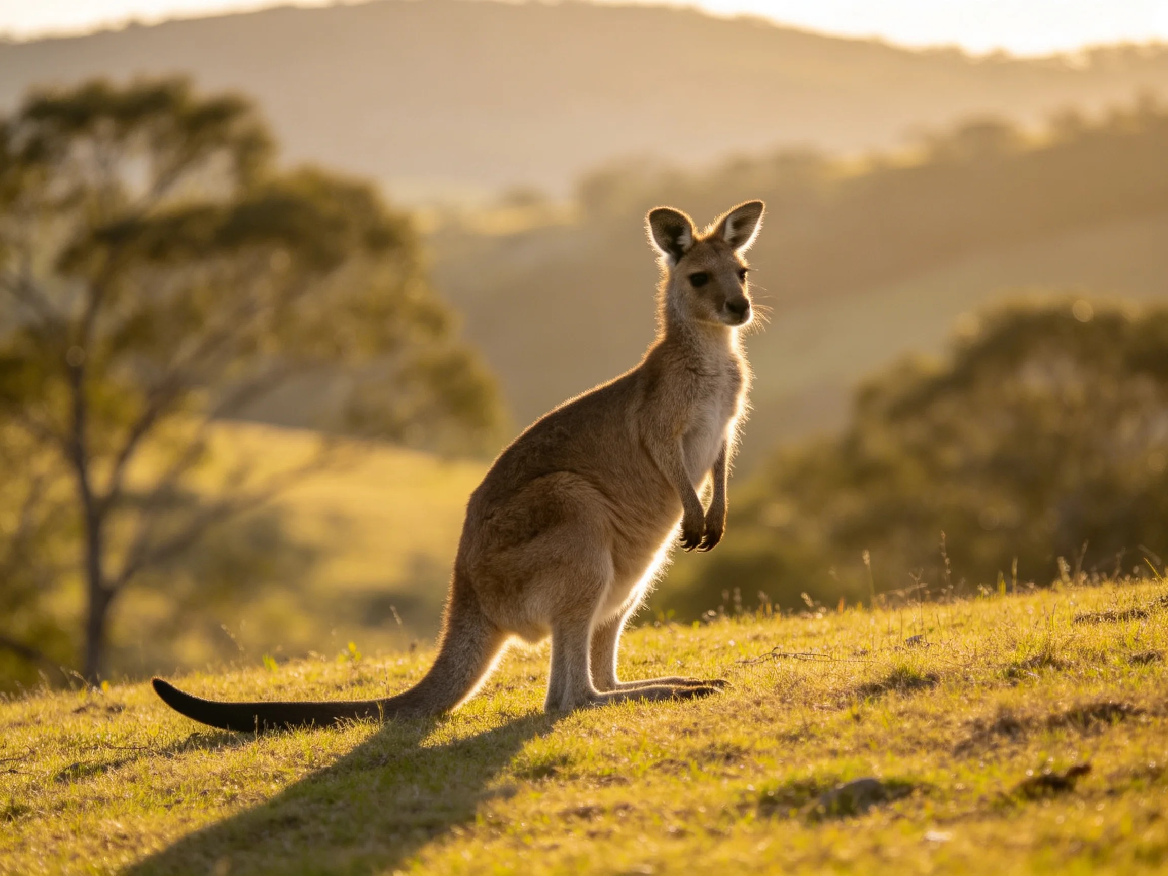Golden-hued kangaroo on sunlit grassy hillside with distant hills