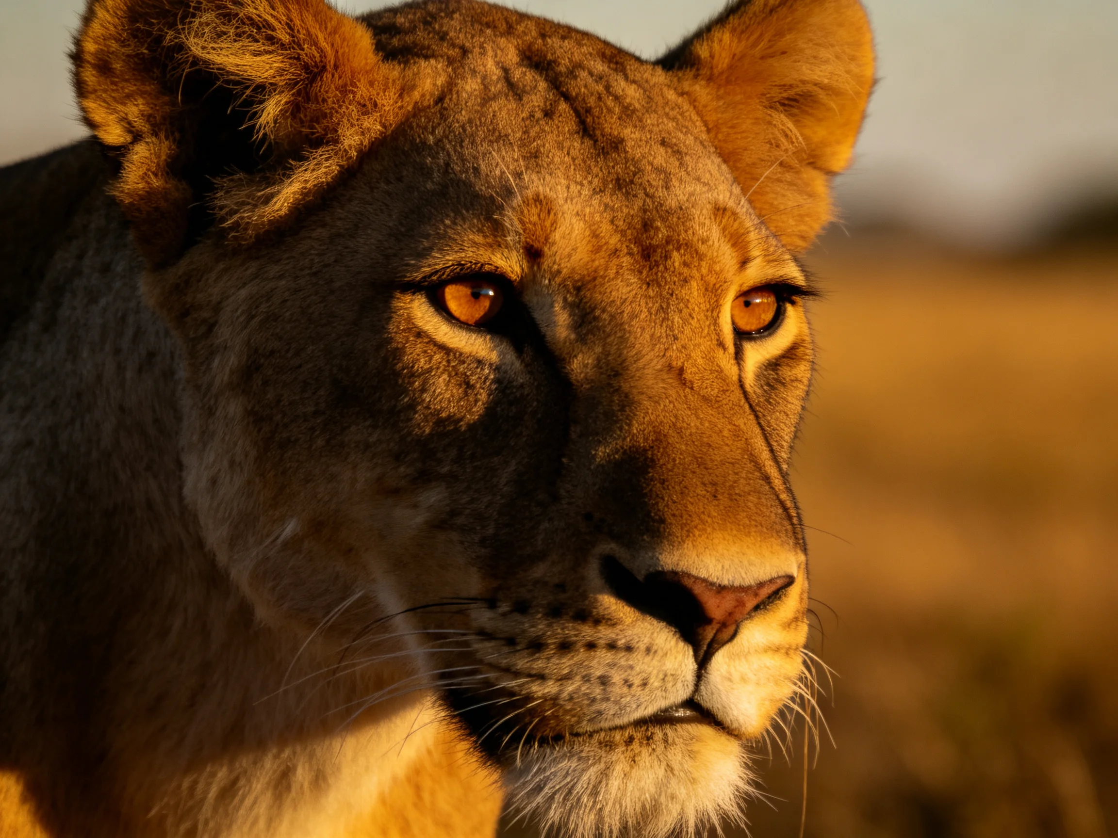 Golden-hued lioness gazes at savannah under warm light
