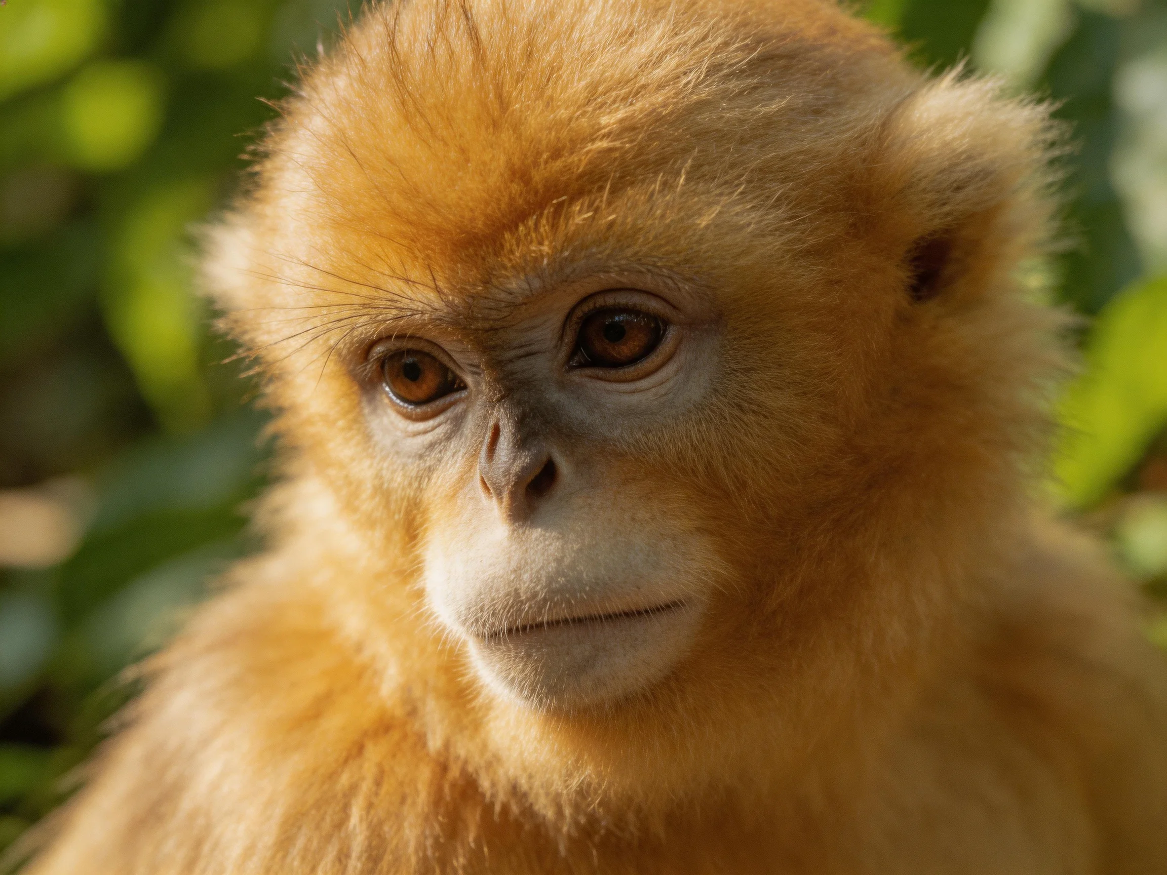 Golden-hued primate amid verdant foliage