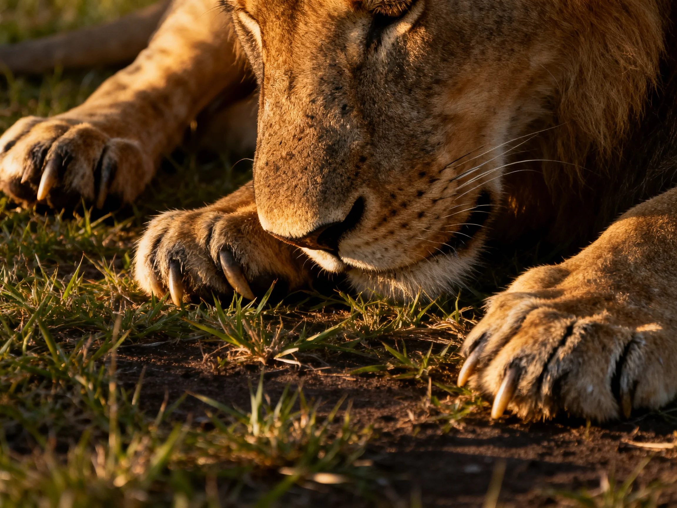 Golden lion resting on sun-kissed green grass