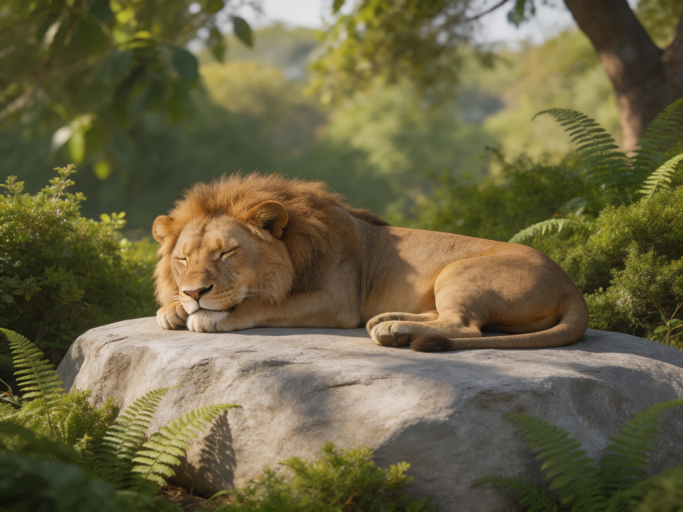 Golden lion rests on large gray rock amid lush greenery