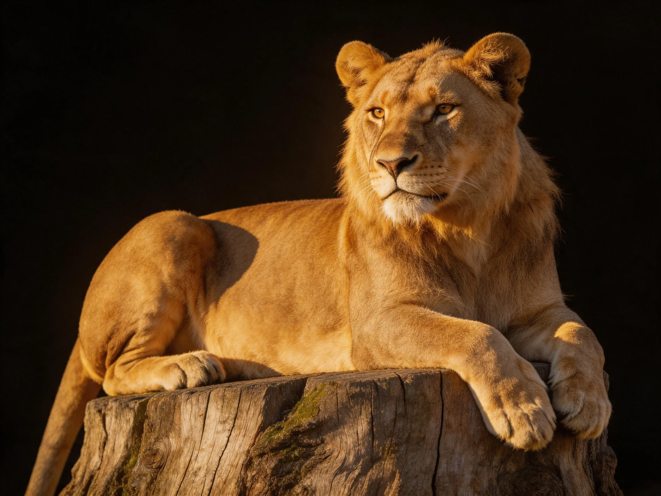 Golden lioness resting on aged wooden stump with dramatic lighting