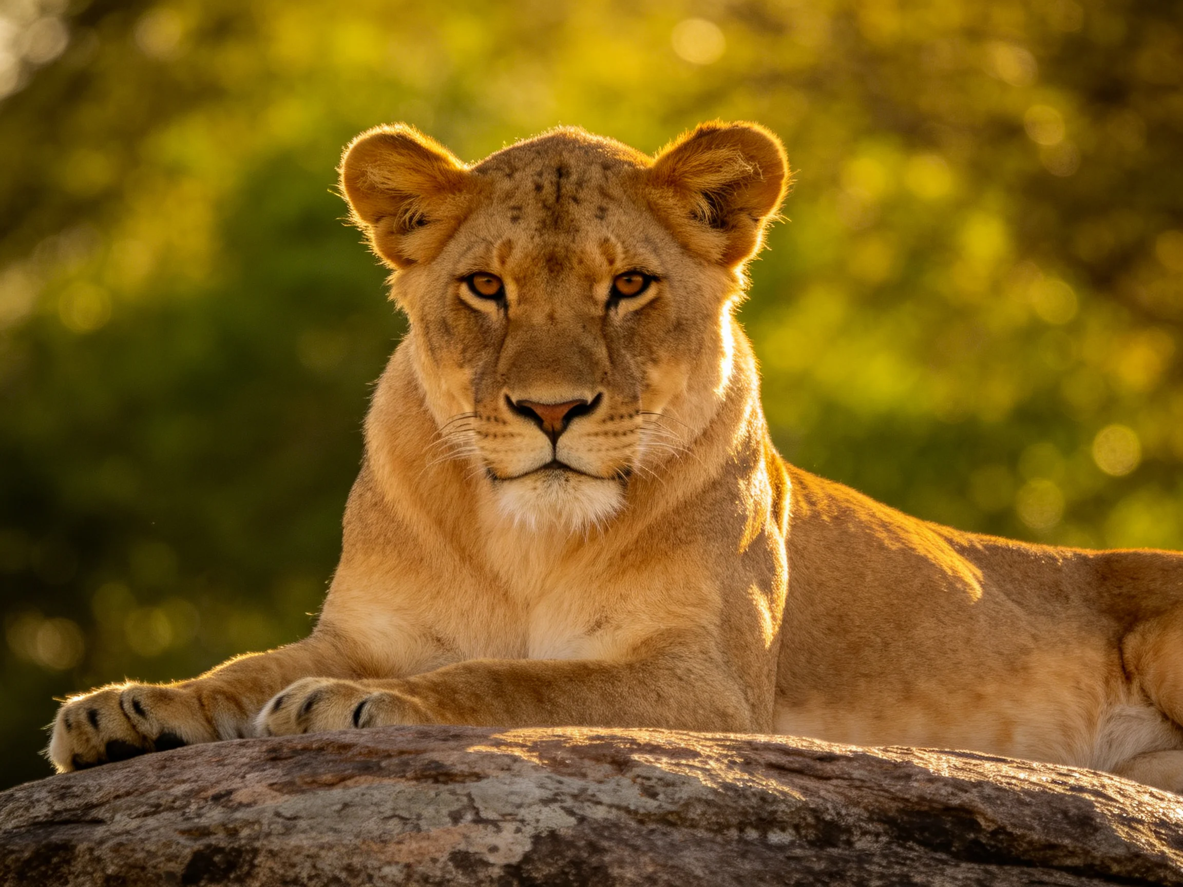 Golden lioness rests on a large rock in sunlit natural surroundings