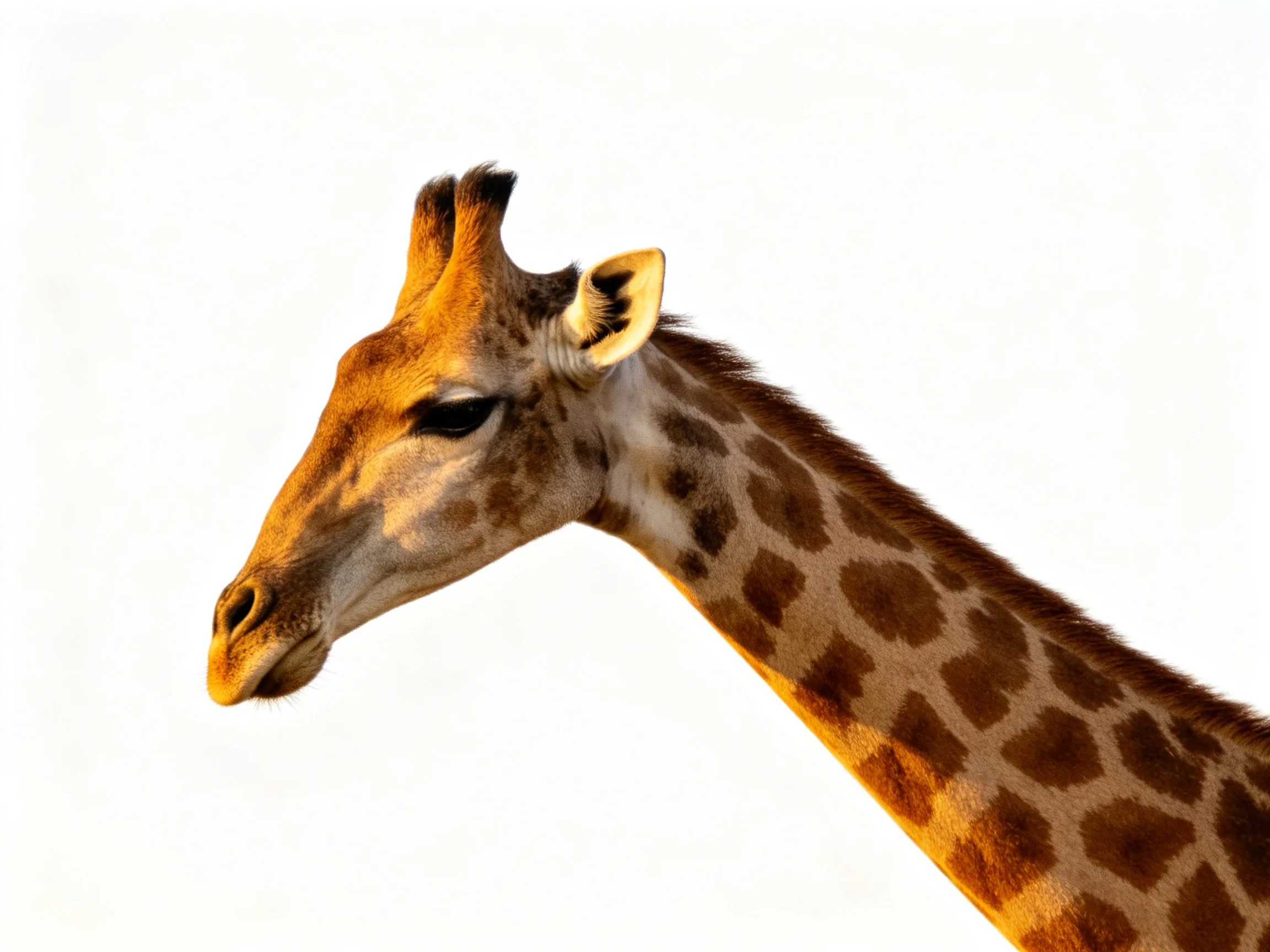 Golden - lit giraffe head showcasing brown spot patterns