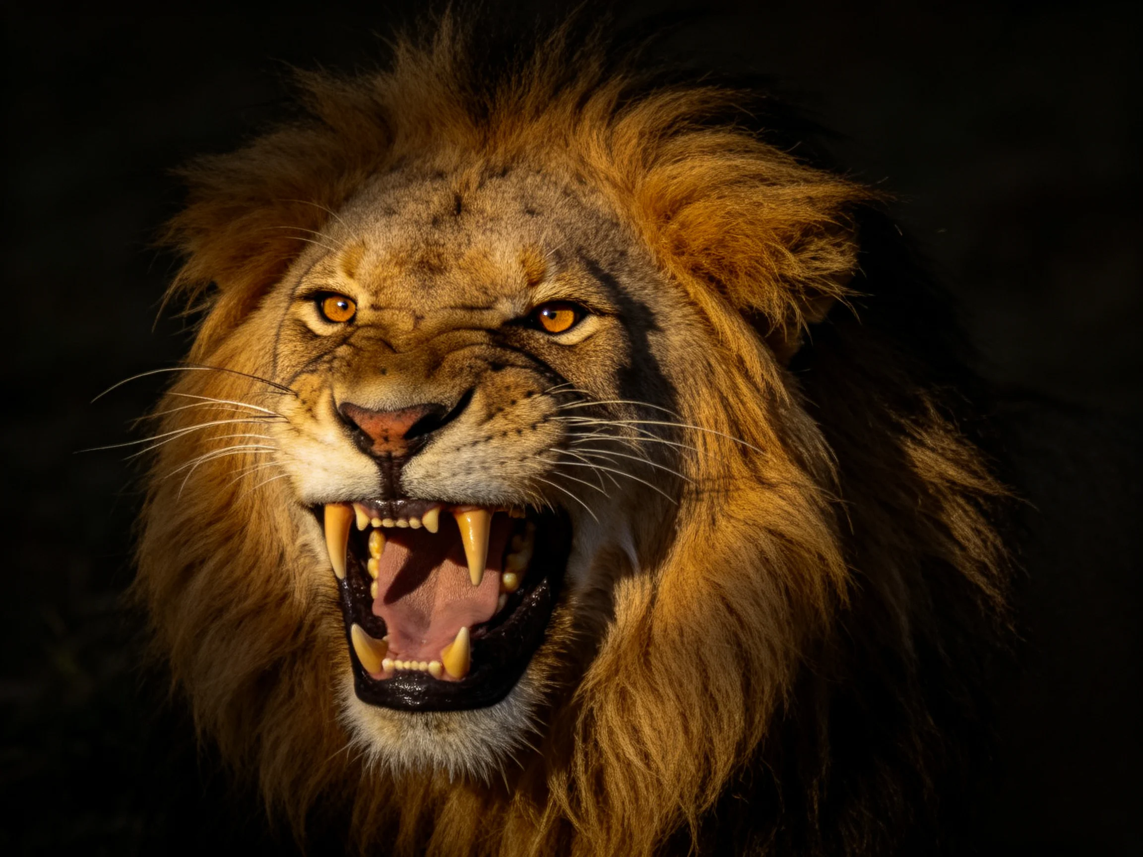 Golden-maned lion roaring with sharp fangs exposed