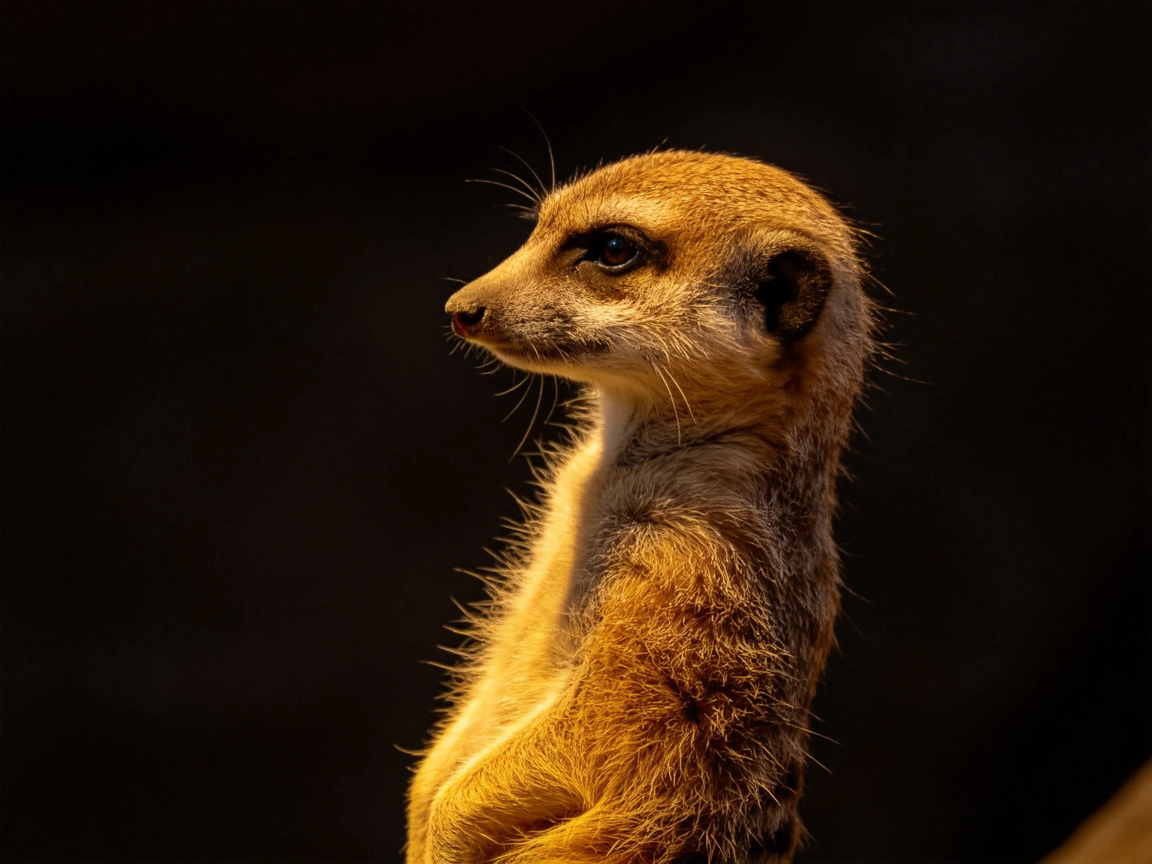 Golden meerkat stands alert on dark backdrop