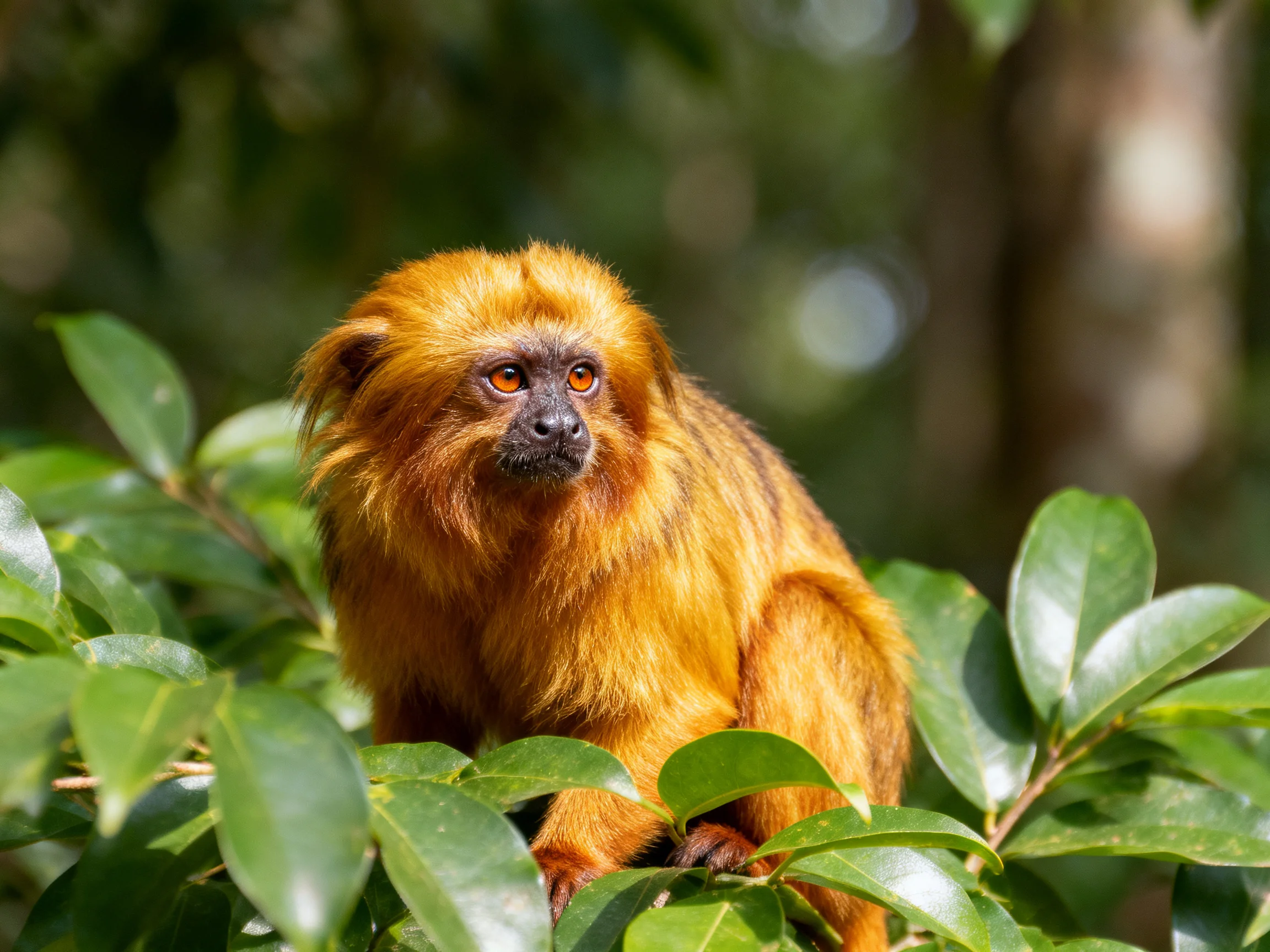 A golden monkey sits among green leaves in a forest.