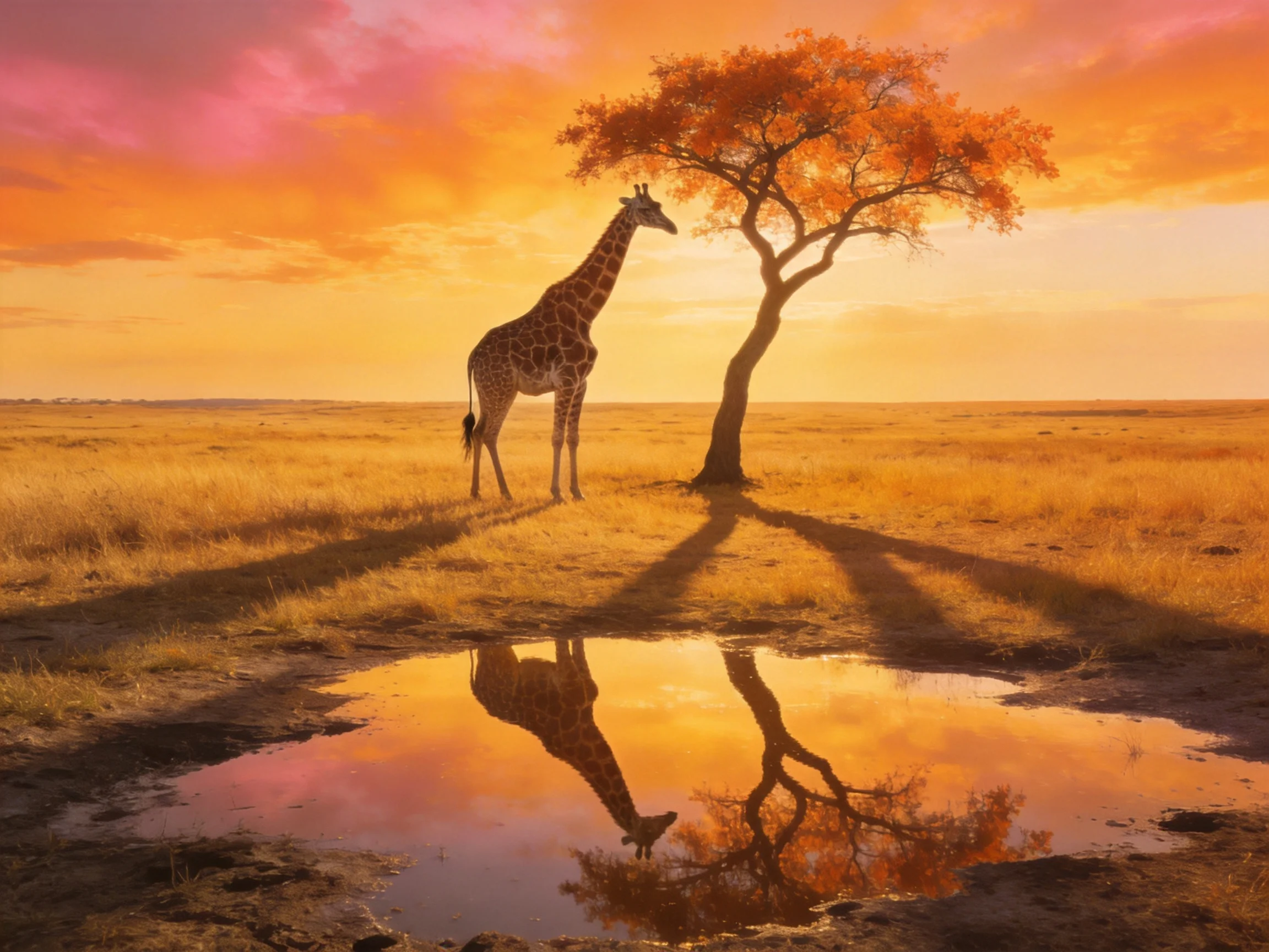 Golden savannah sunset with giraffe and tree reflection