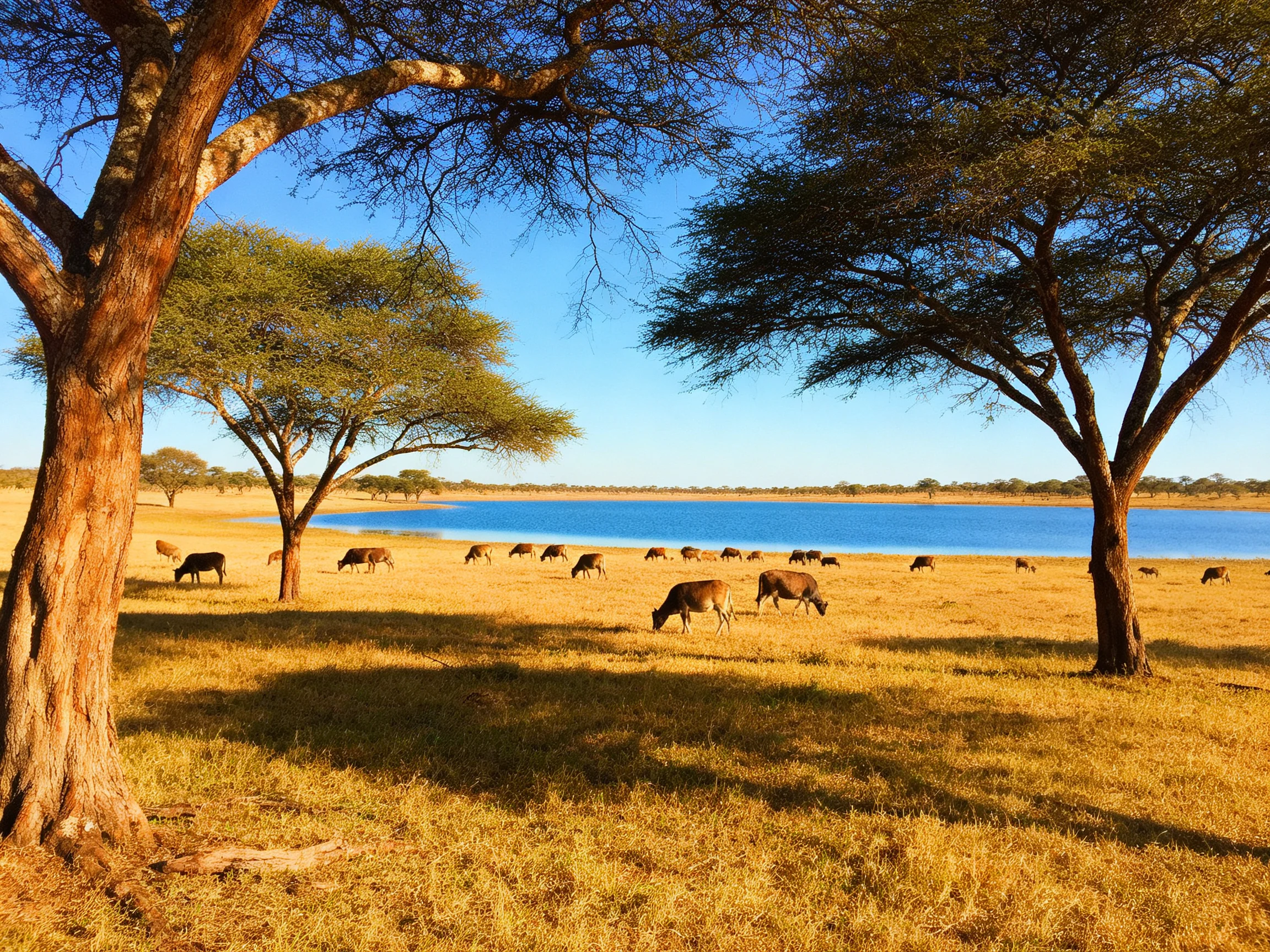Golden savannah with acacia trees, blue lake, and grazing wildlife