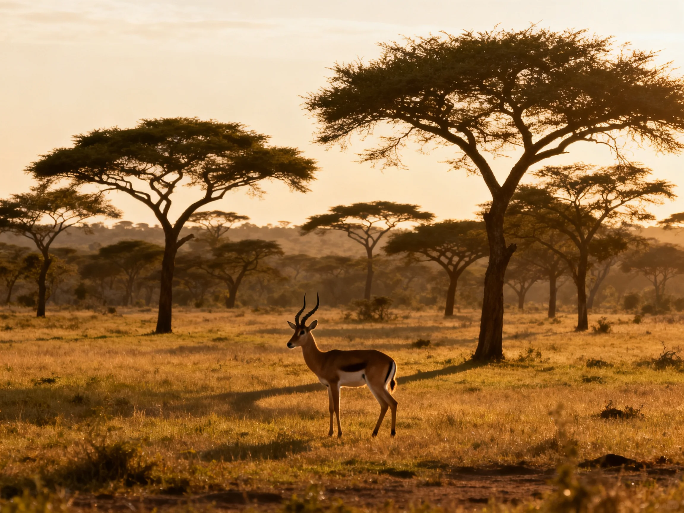 Golden savannah with scattered acacia trees has an antelope