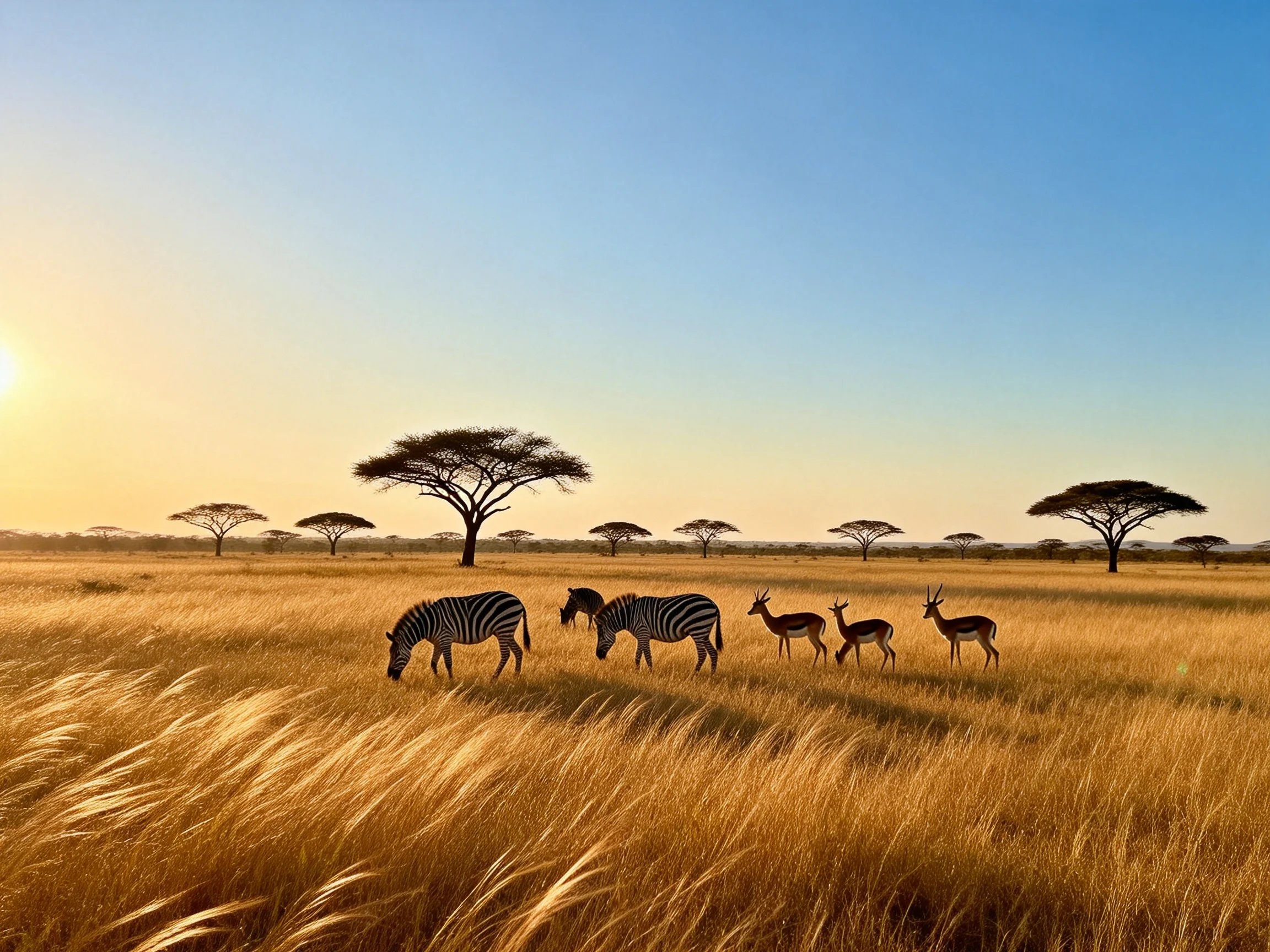 Golden savannah with zebras, antelopes, and acacia trees under warm light