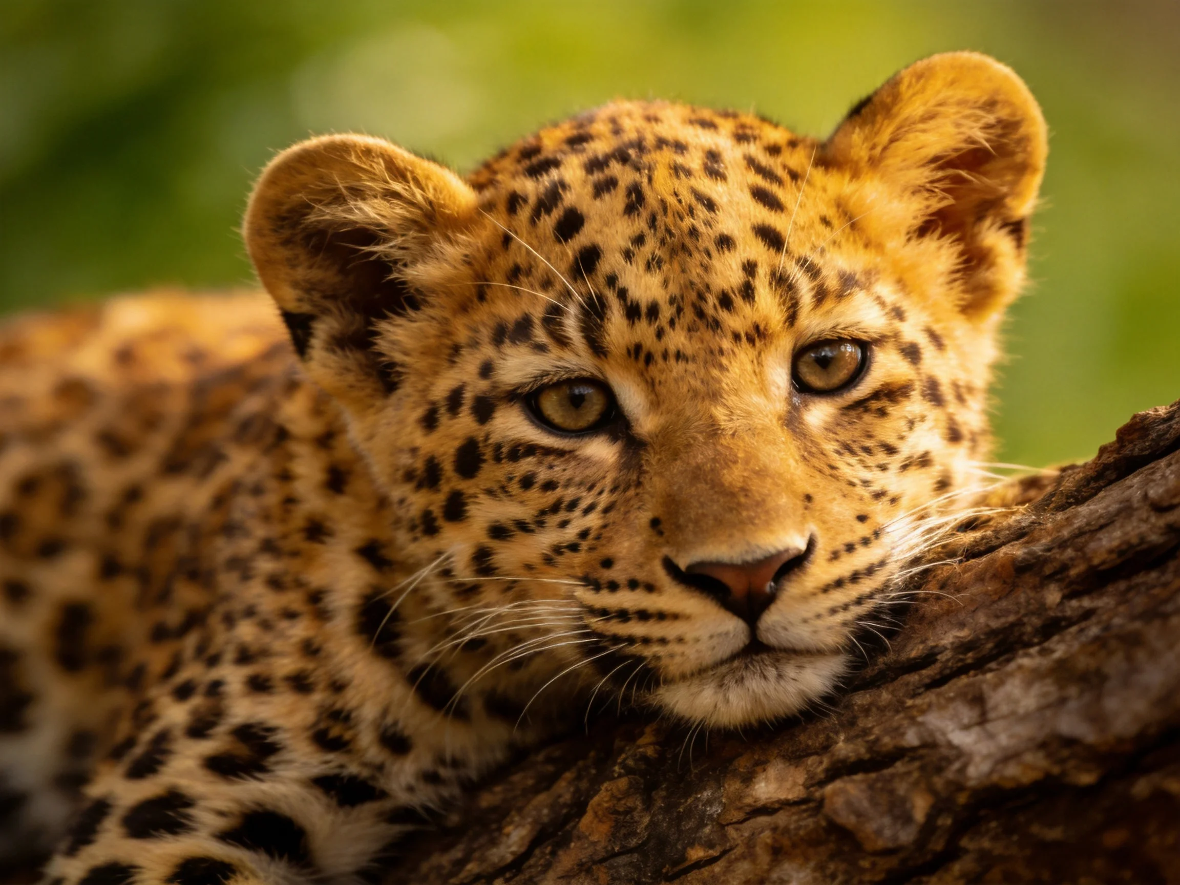 Golden-spotted leopard cub resting on brown tree trunk