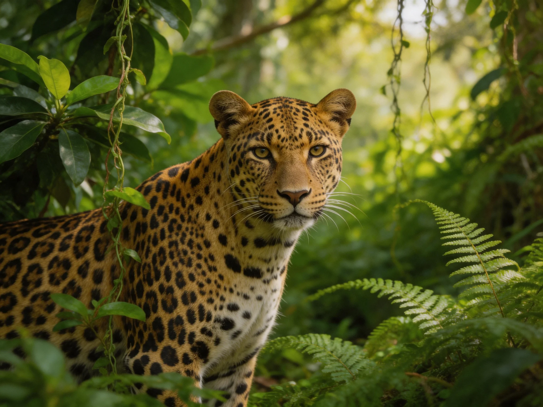 Golden-spotted leopard in lush green jungle