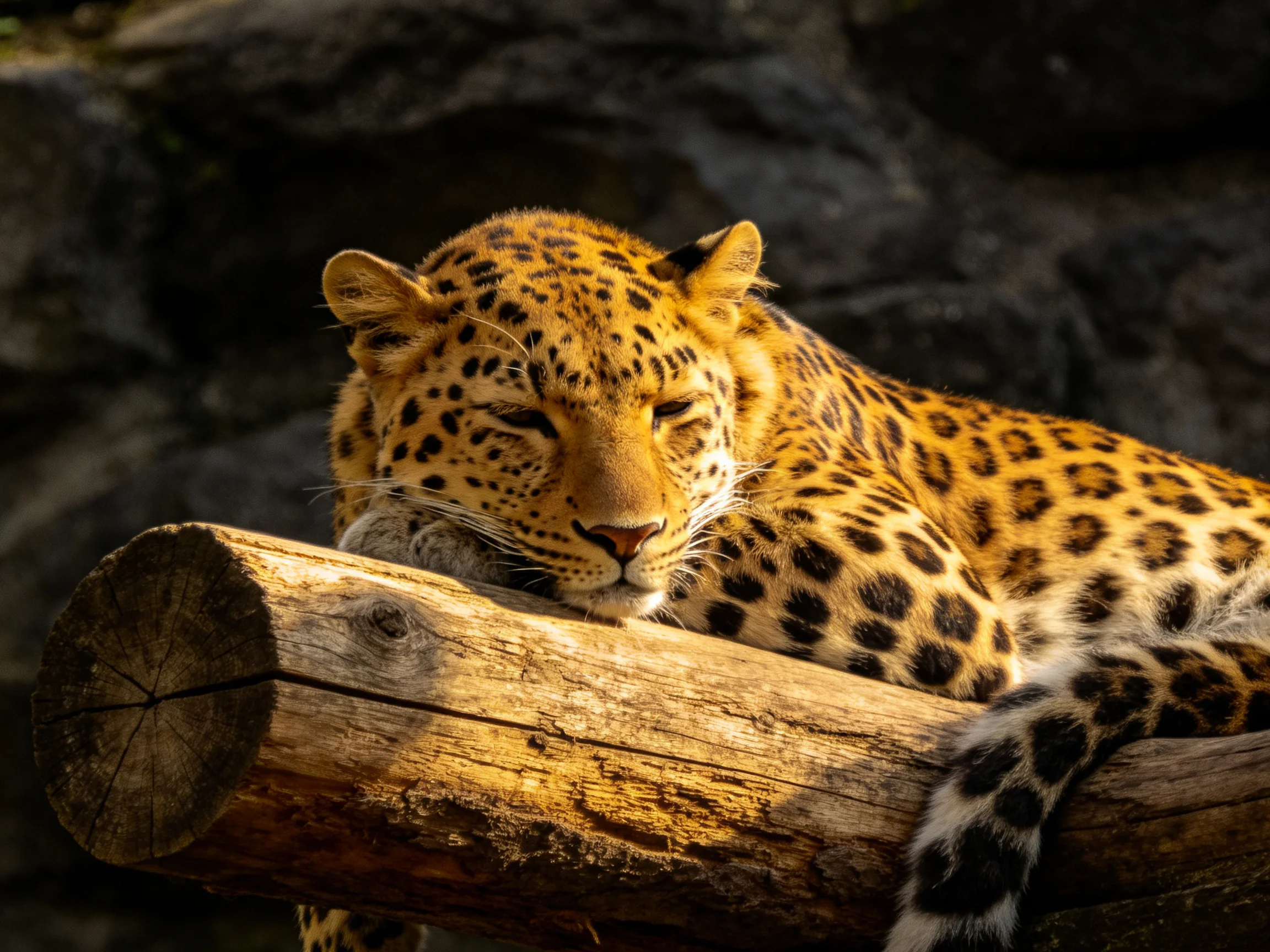 A leopard rests on a wooden log against dark rock walls.