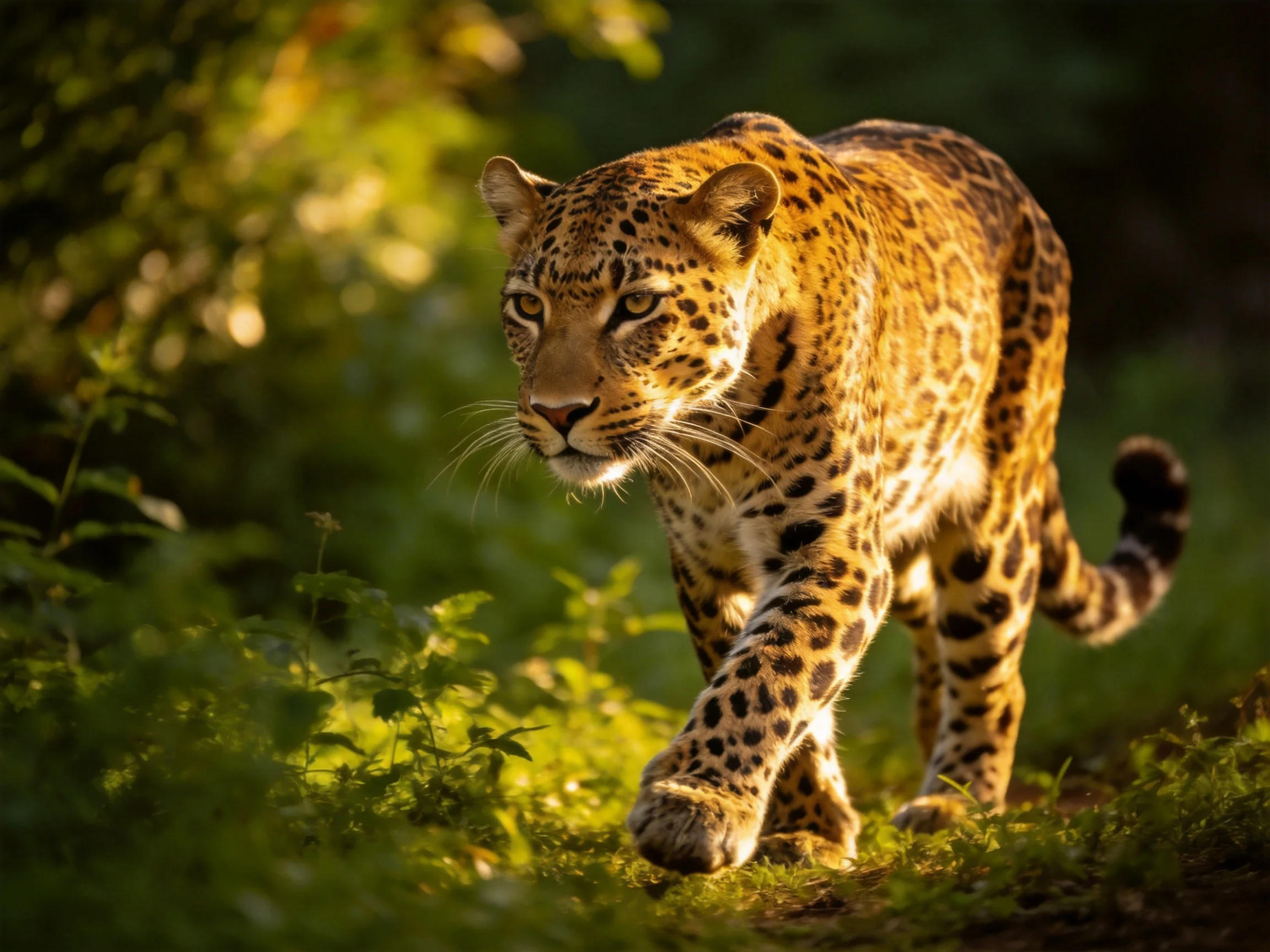 Golden-spotted leopard roams through lush green foliage in warm sunlight