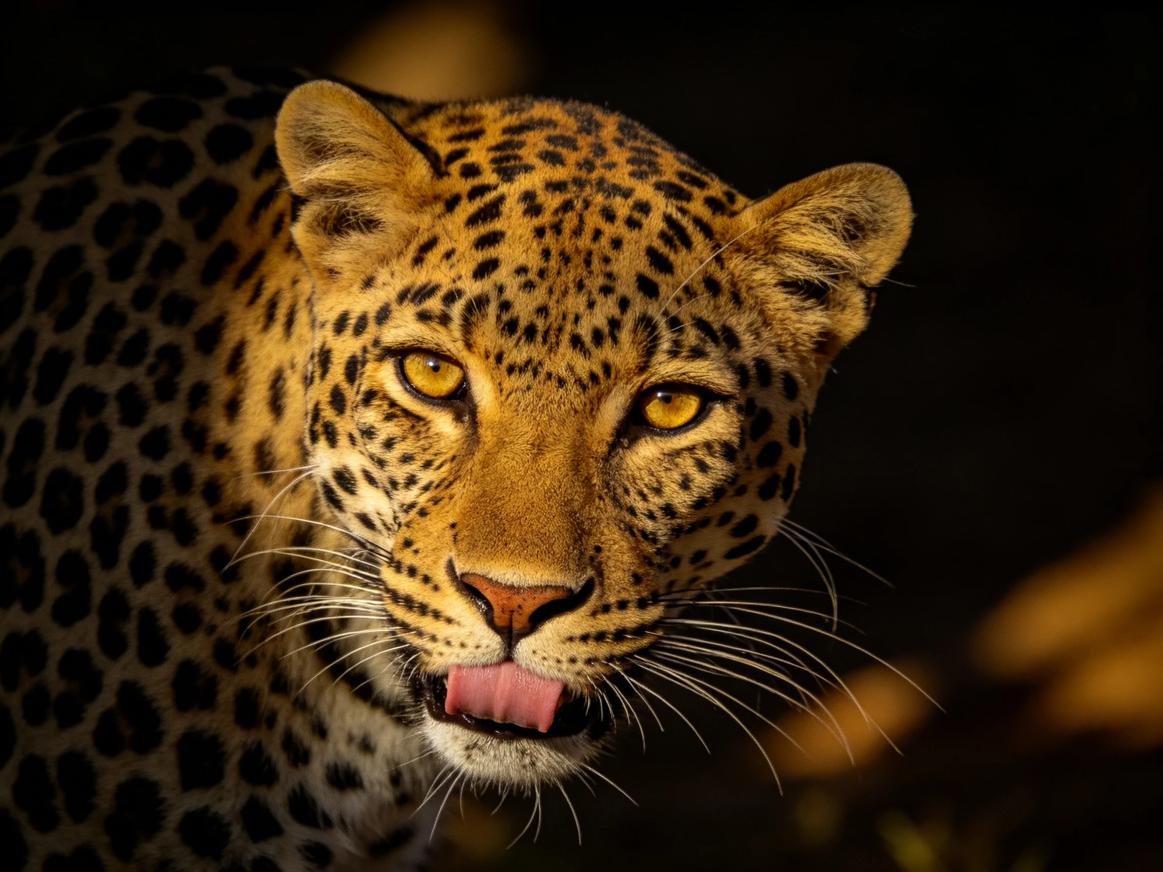 A golden-spotted leopard looks directly in a dark setting.