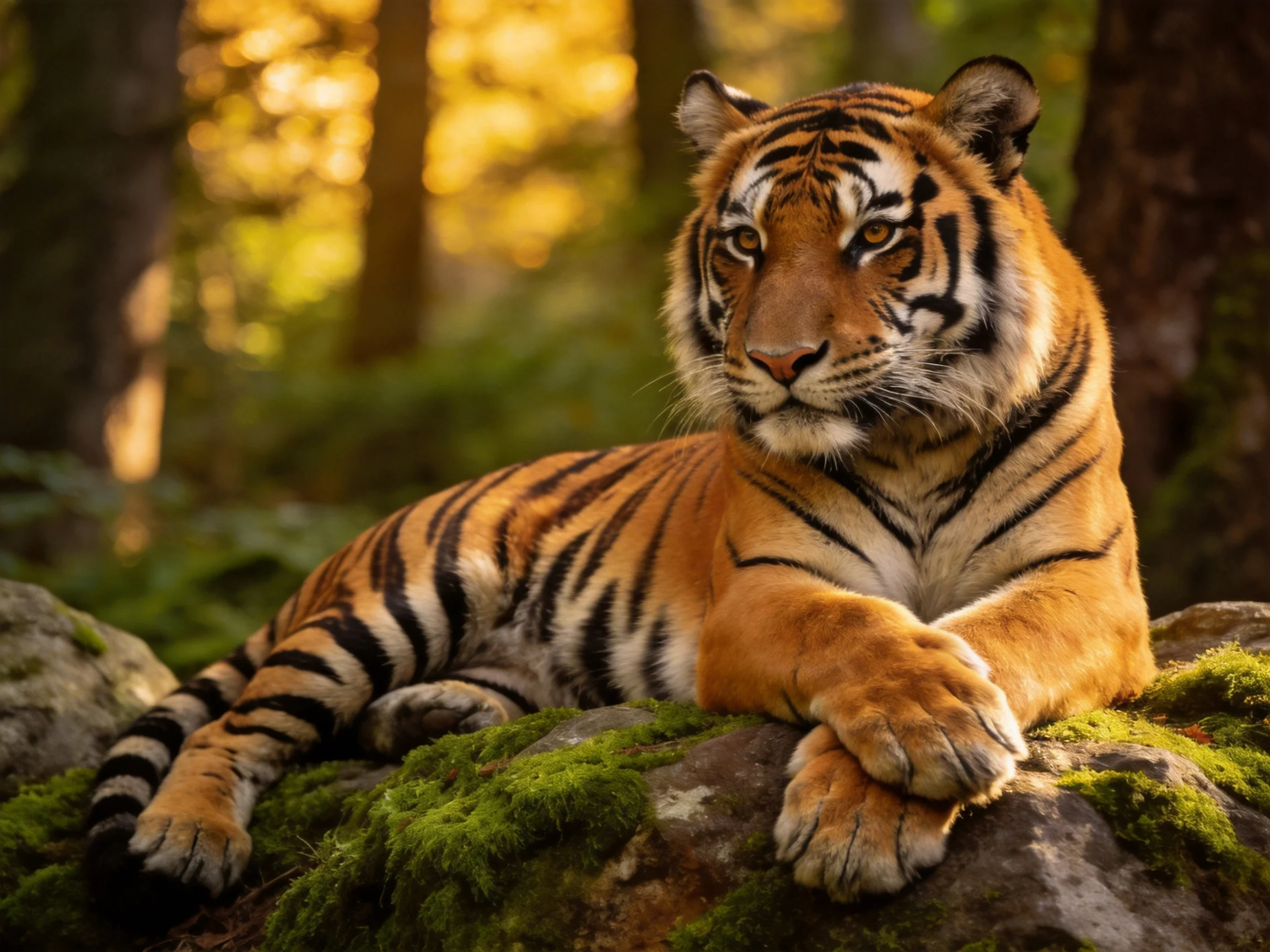 Golden tiger lounges on mossy rocks in sunlit forest