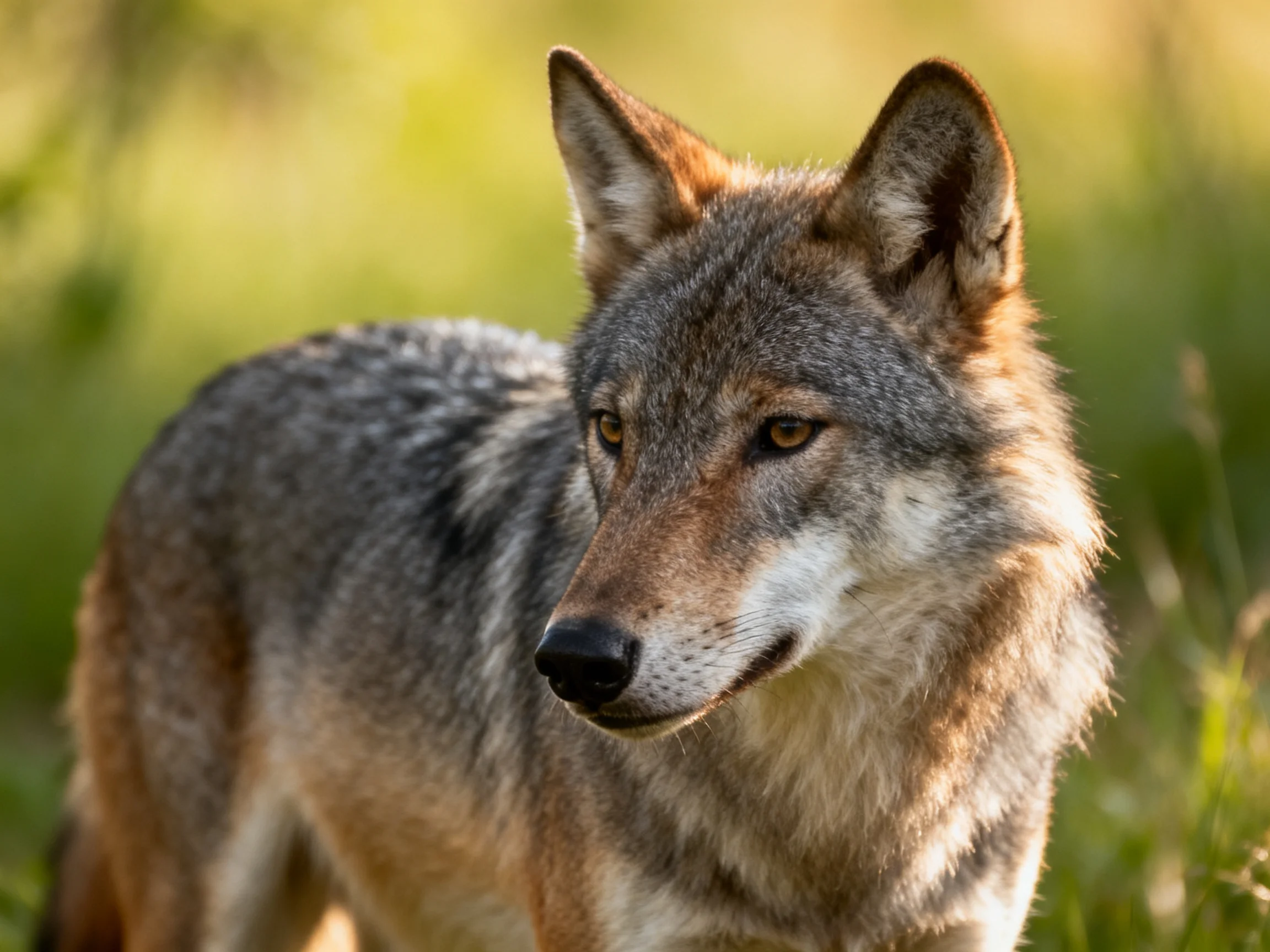 Gray and brown wild canine in sunlit green landscape