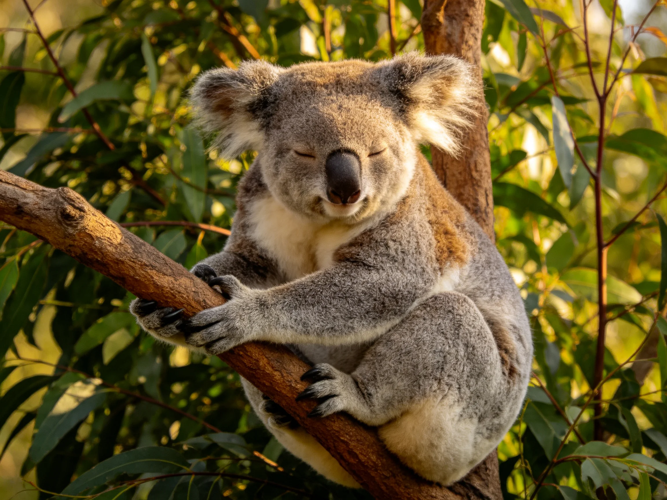 Gray-and-white koala clings to a brown eucalyptus branch