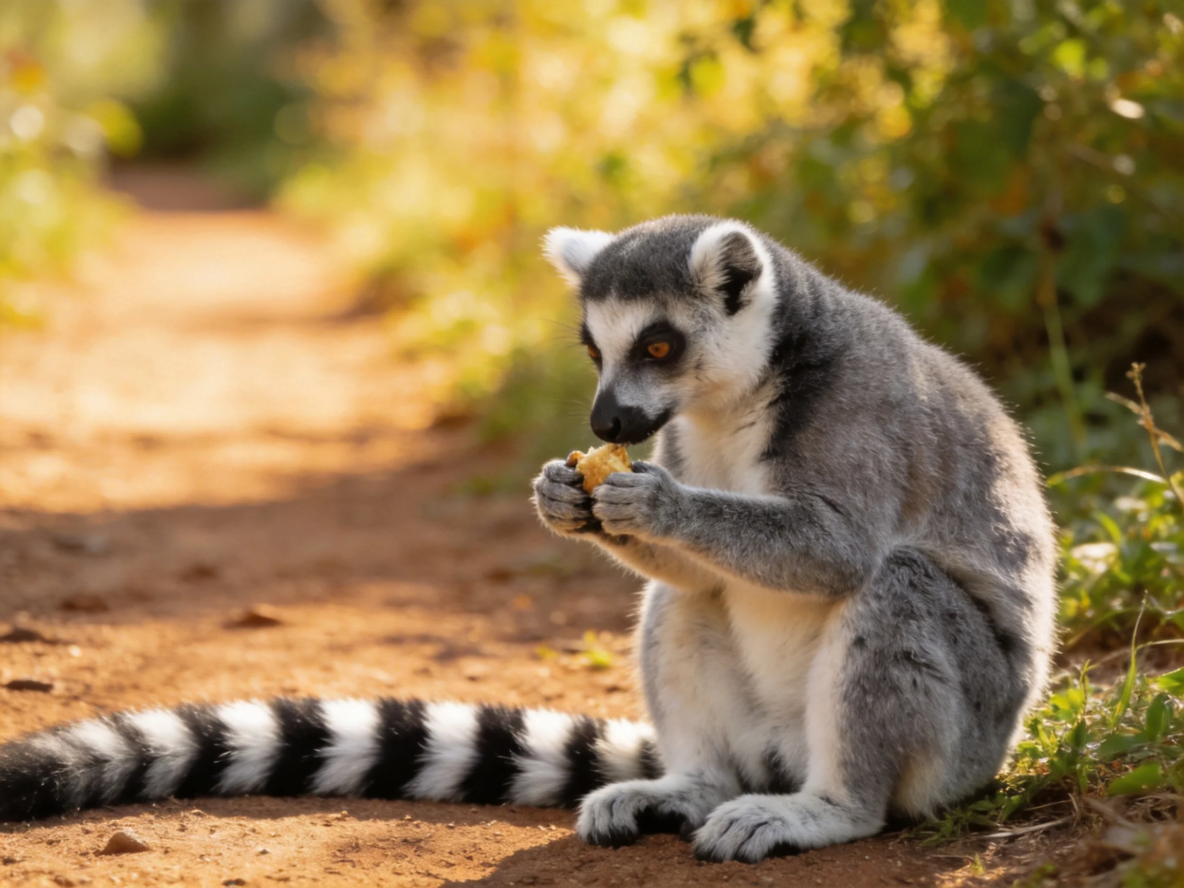 A ring-tailed lemur eats while sitting on a sunlit dirt path in nature.