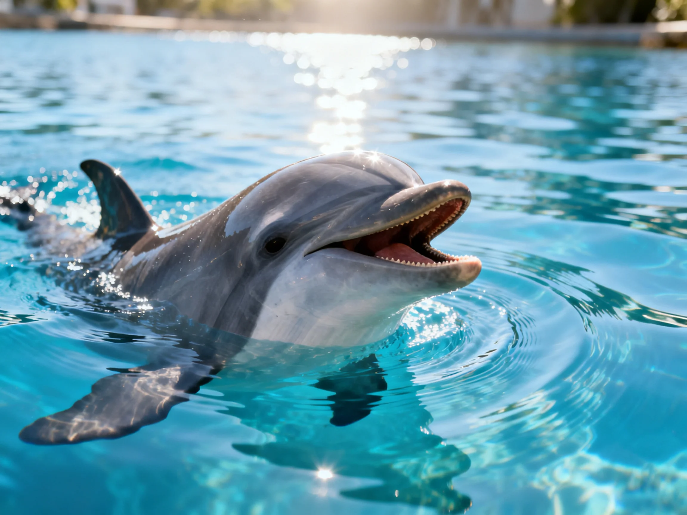 Gray dolphin swimming in bright turquoise pool water
