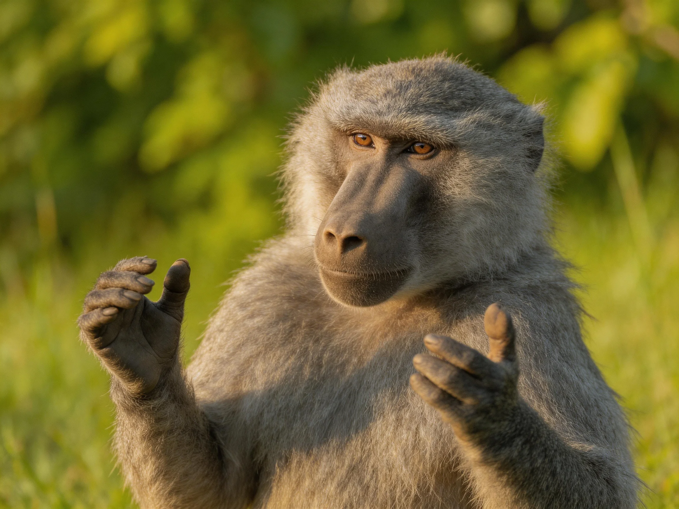 Gray-furred baboon gesturing with raised hands in sunlit greenery