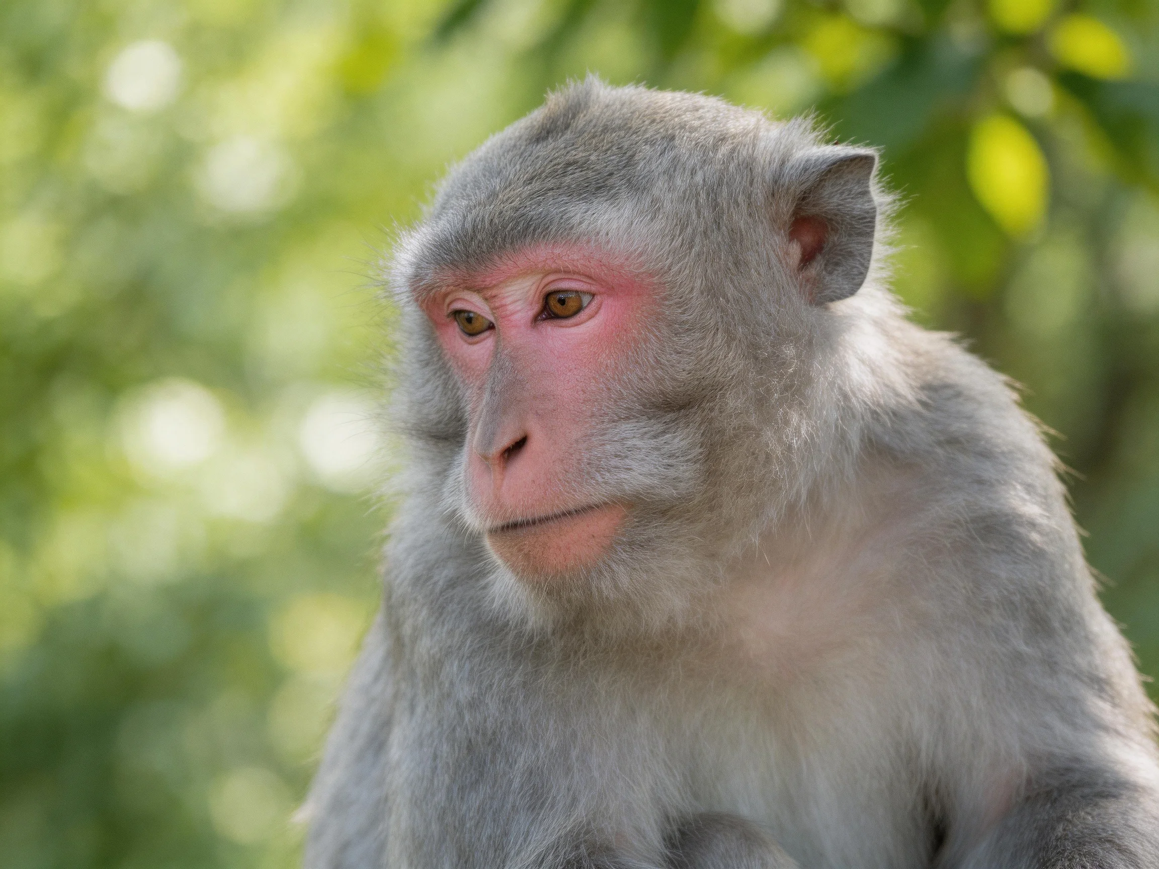 Gray-furred monkey with pink facial skin in sunlit forest