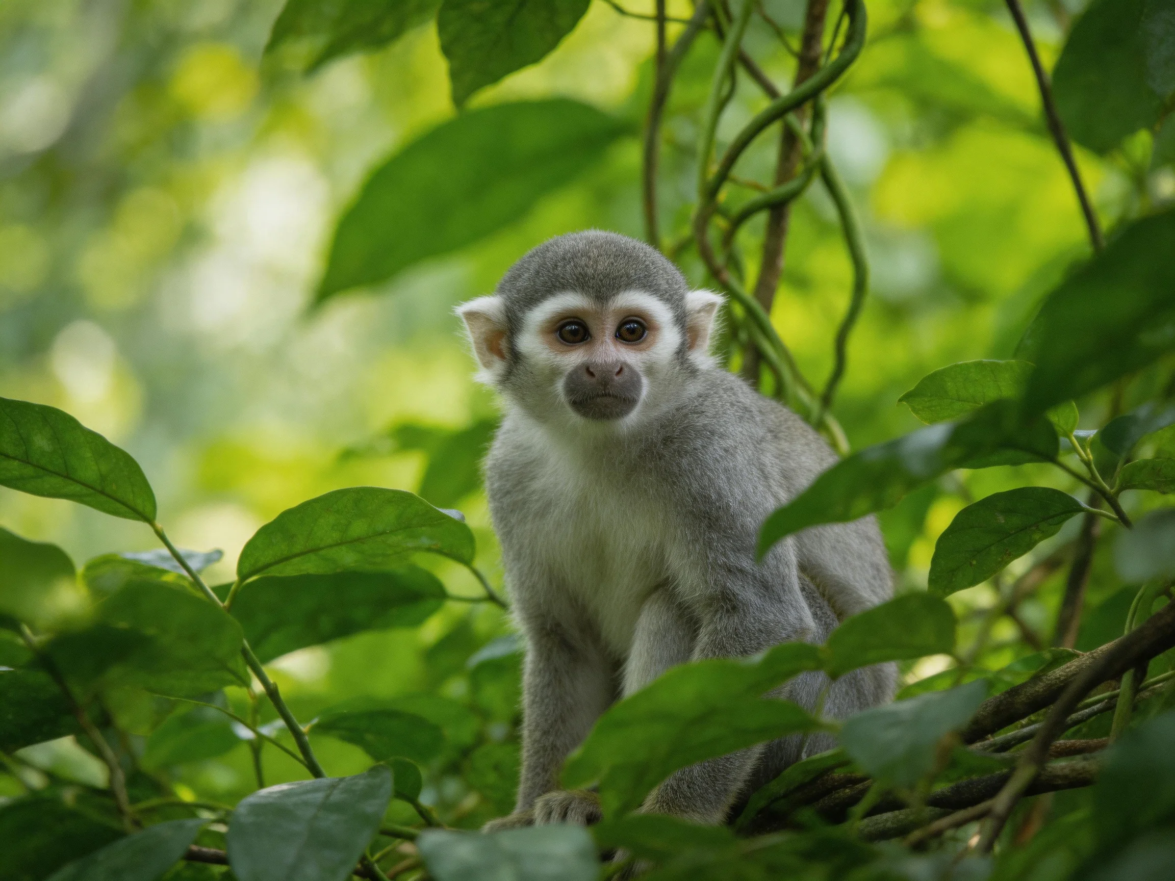 Gray monkey nestled in lush green jungle foliage