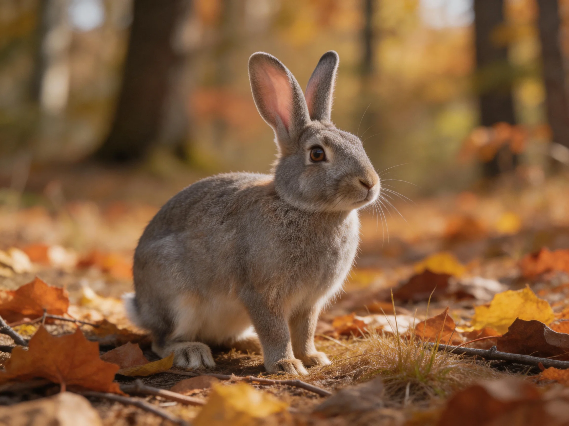 Gray rabbit among autumn-colored fallen leaves in a sunlit forest