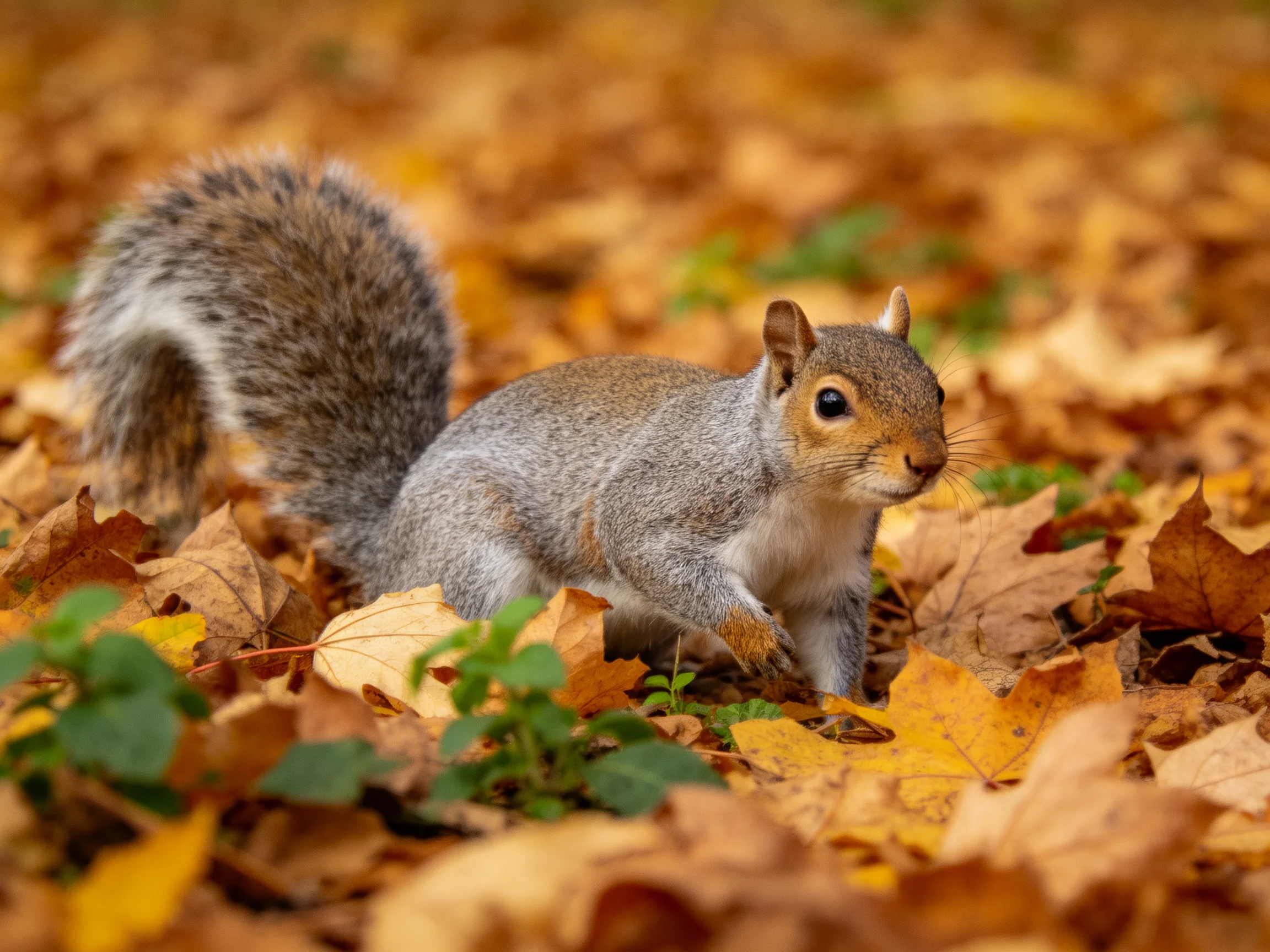Gray squirrel among golden-brown autumn leaves