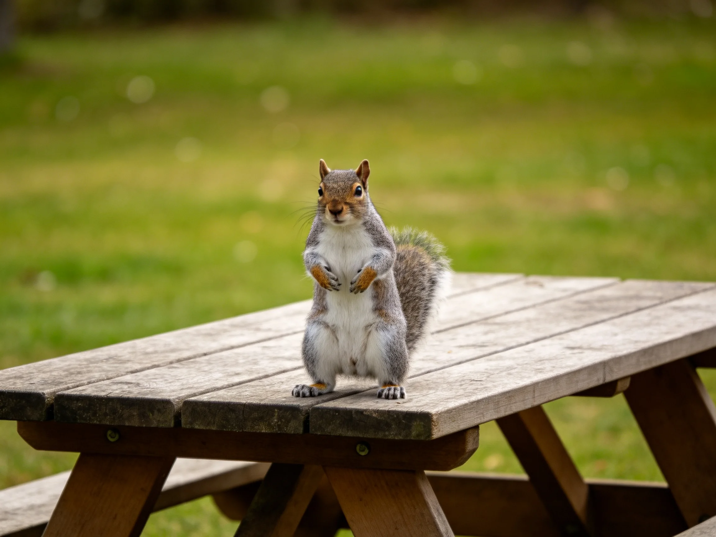 Gray squirrel stands on wooden picnic table in grassy outdoor area
