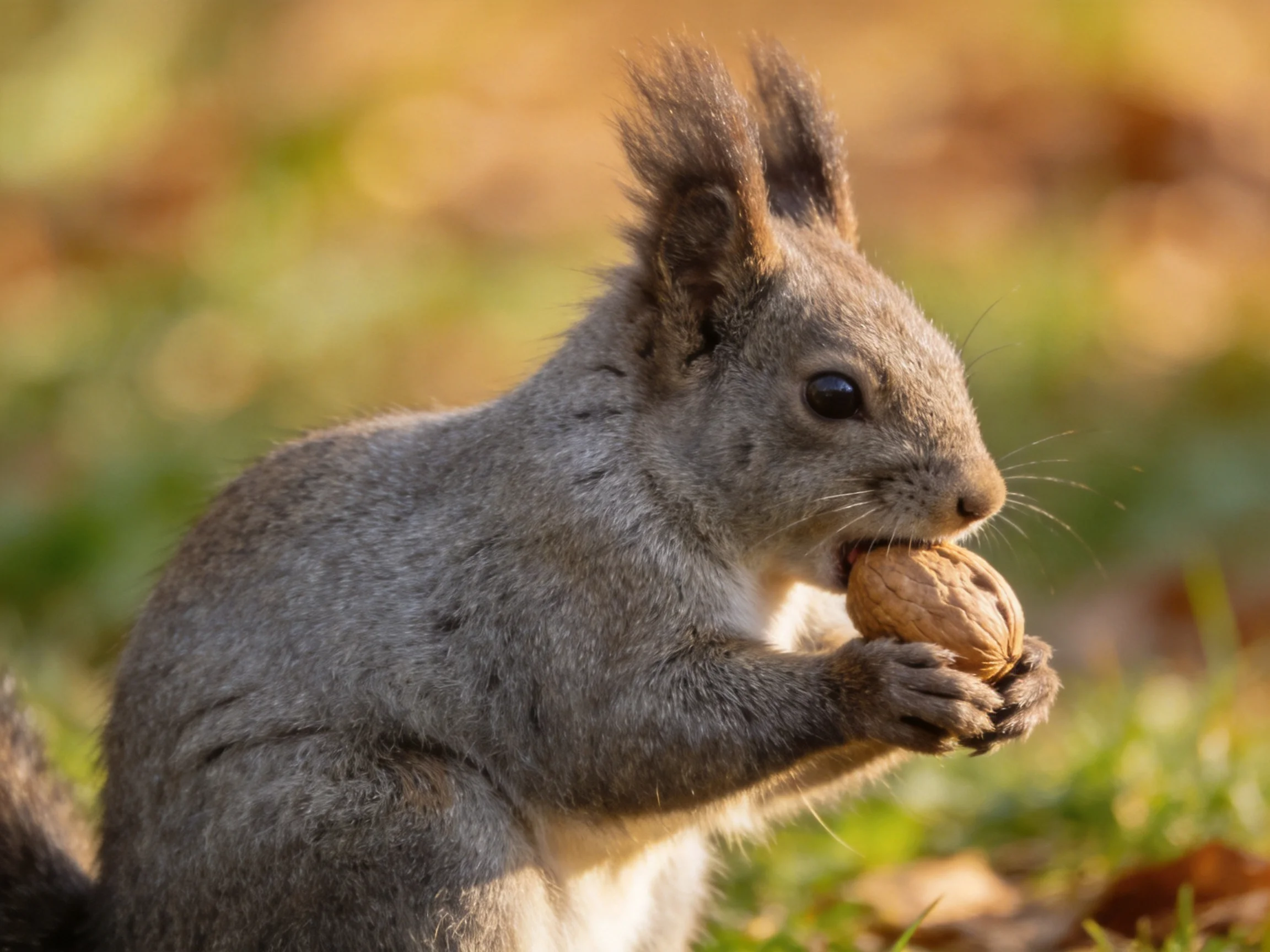 Gray squirrel clutching brown walnut in sunlit natural area