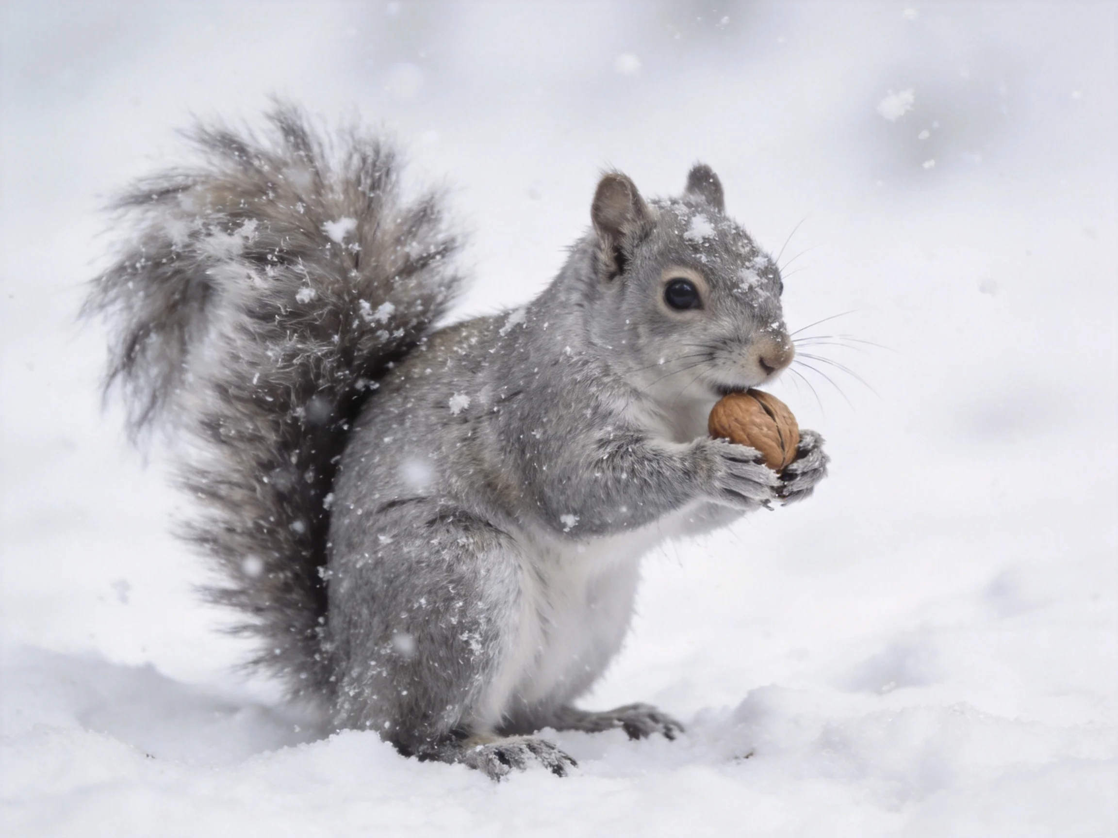 Gray squirrel clutching walnut amidst falling snow