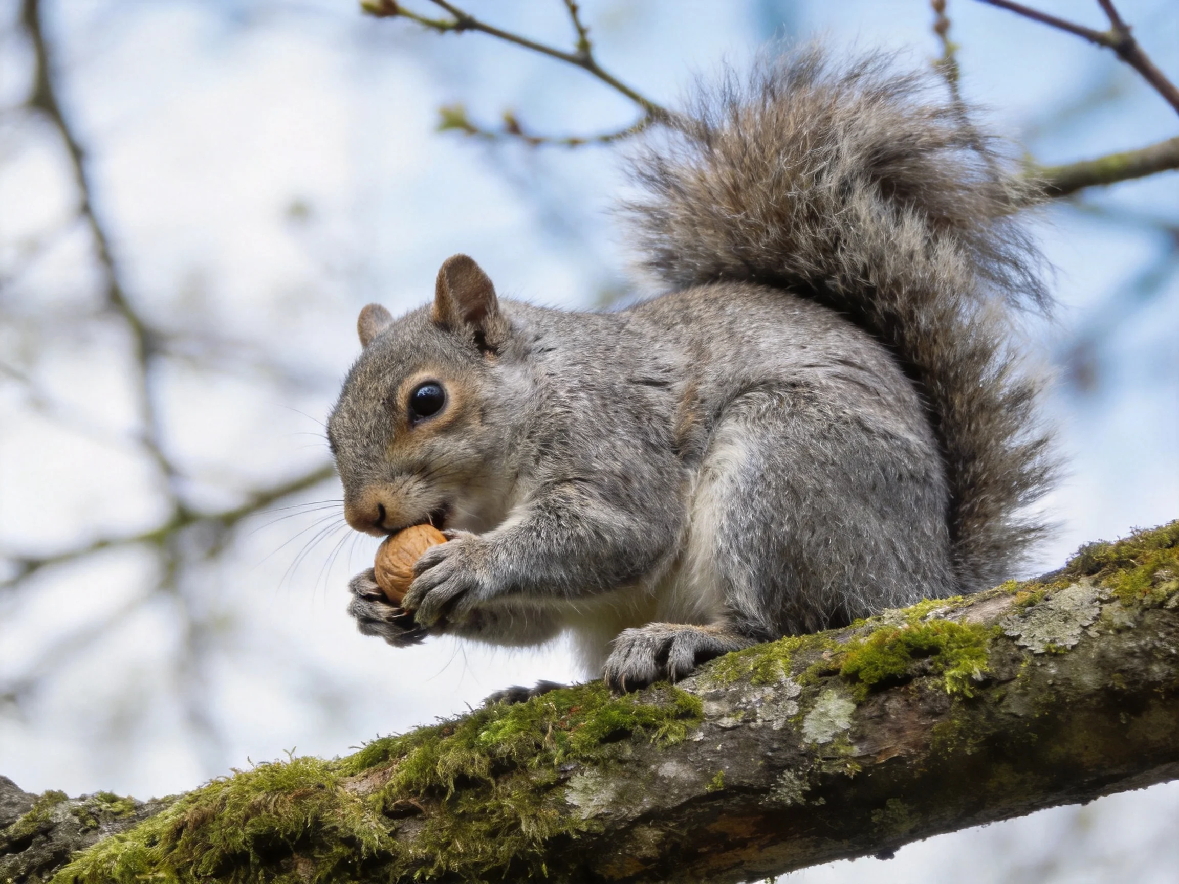 Gray squirrel eating a nut on a mossy tree branch