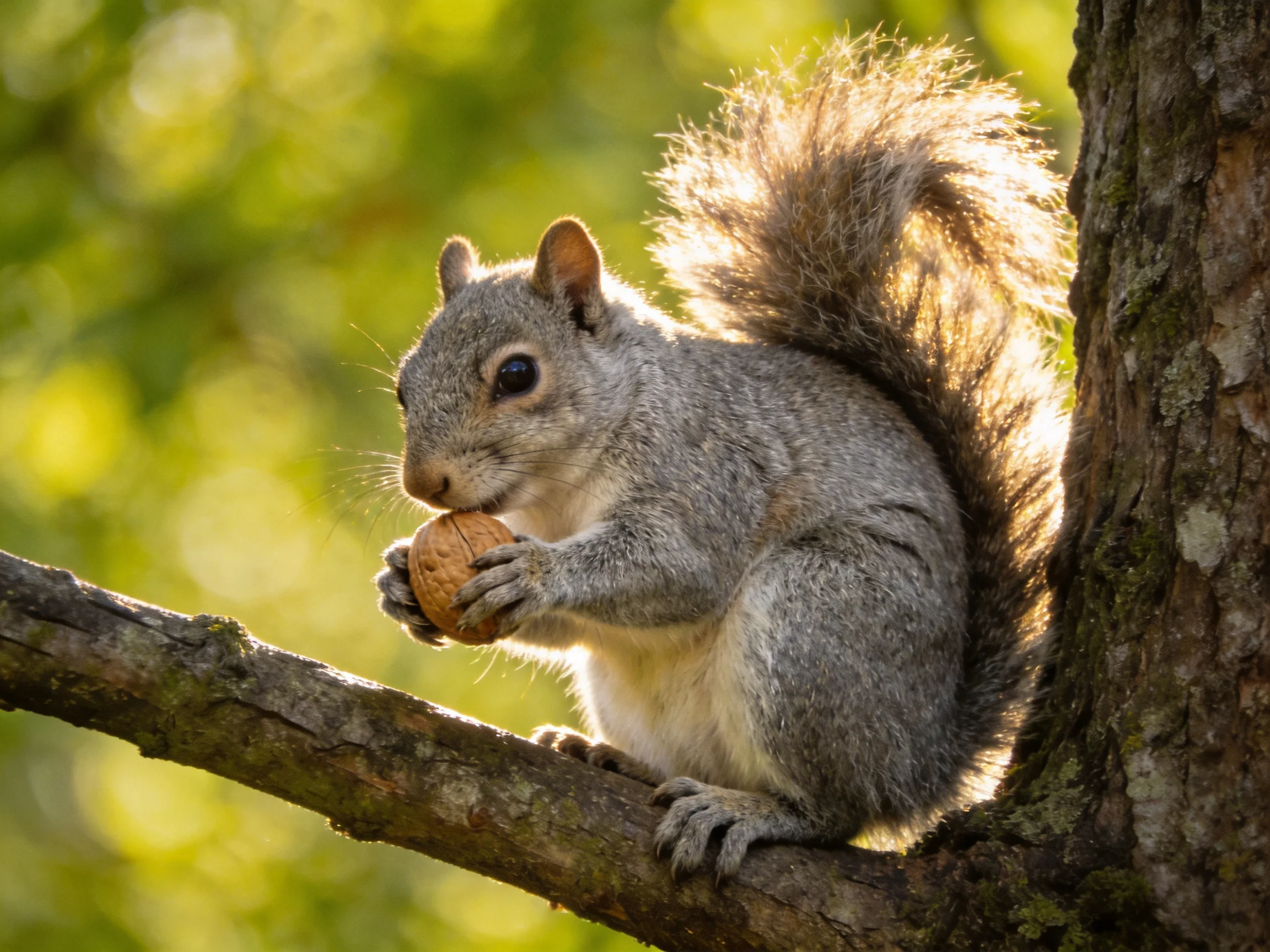 A gray squirrel eats a nut while sitting on a tree branch.