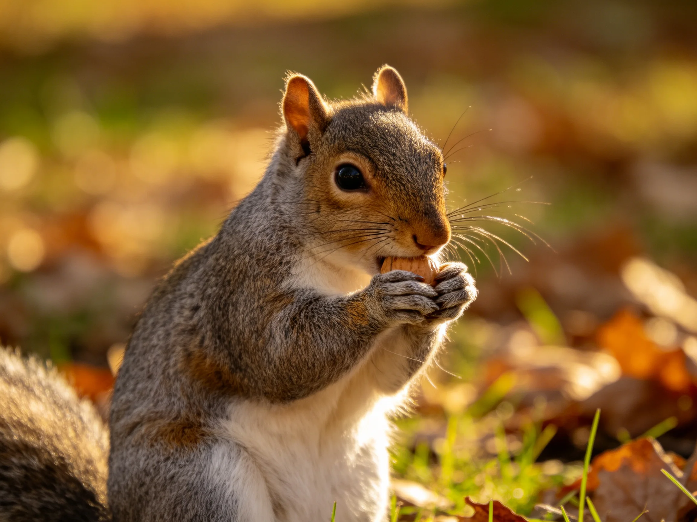 Gray squirrel eating nut amid autumn leaves and golden light