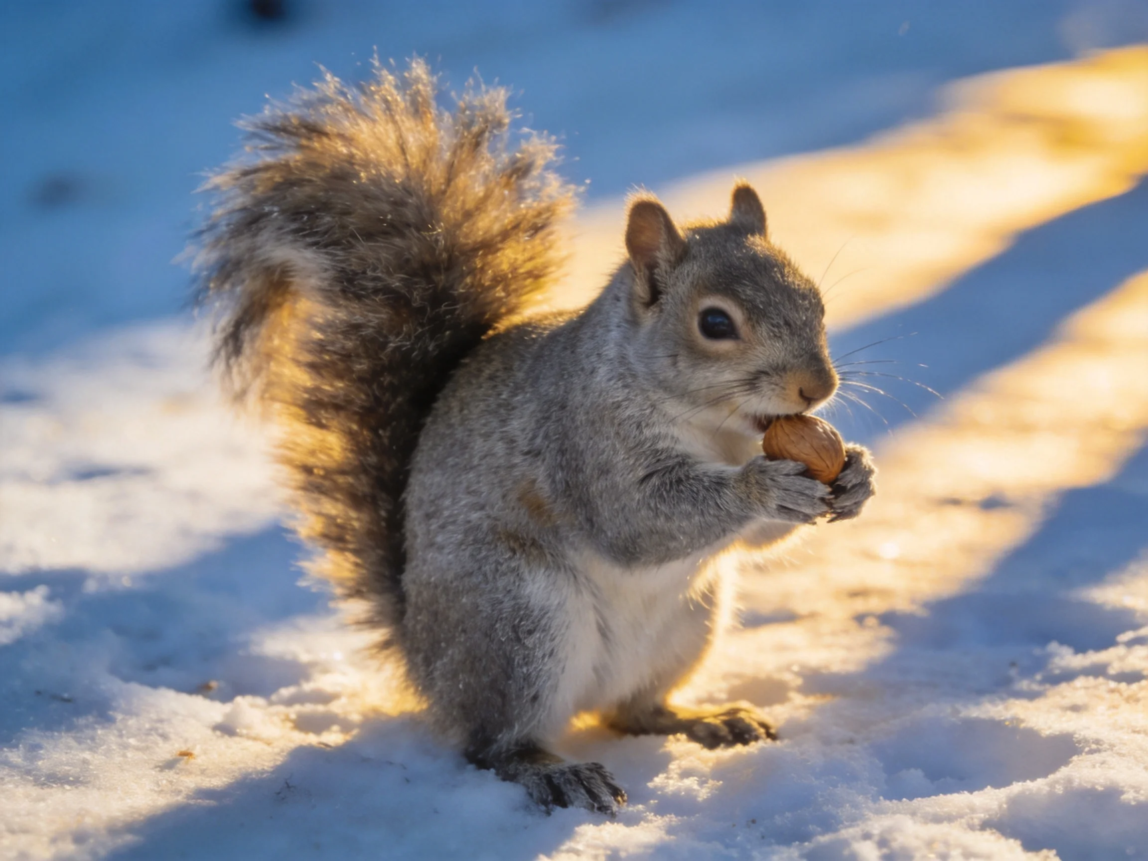 A gray squirrel eats a nut on sunlit snow.