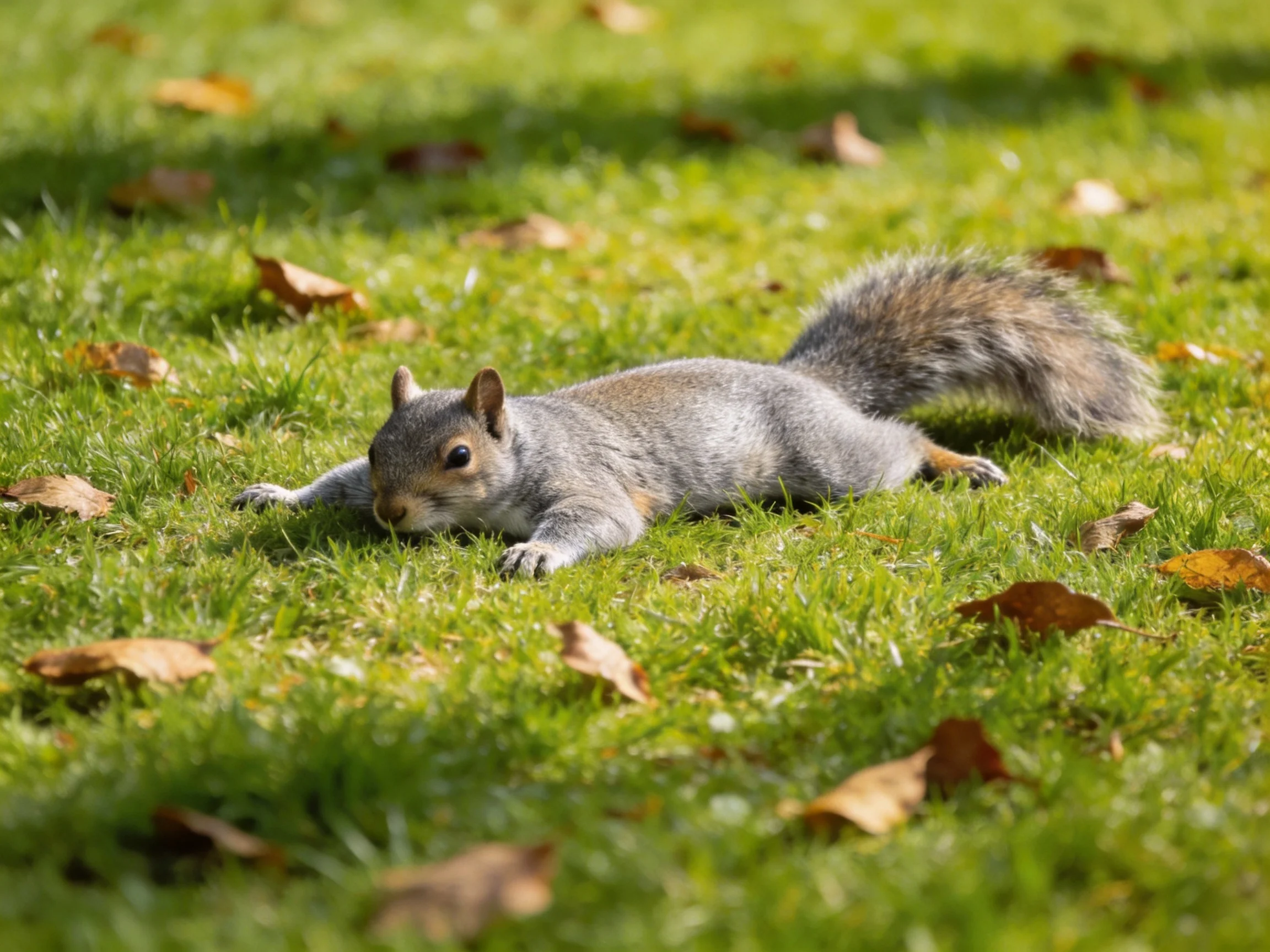 Gray squirrel forages among scattered autumn leaves on lush green grass