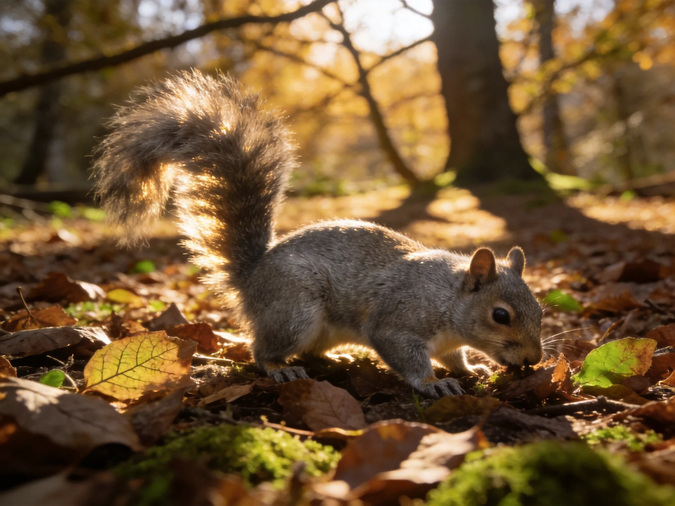 Gray squirrel foraging among autumn leaves in sunlit forest
