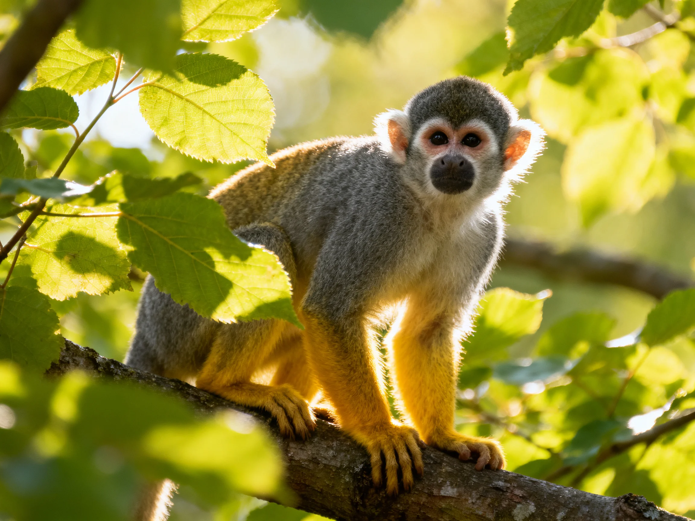 A gray squirrel monkey with yellow limbs sits on a tree branch surrounded by green leaves.