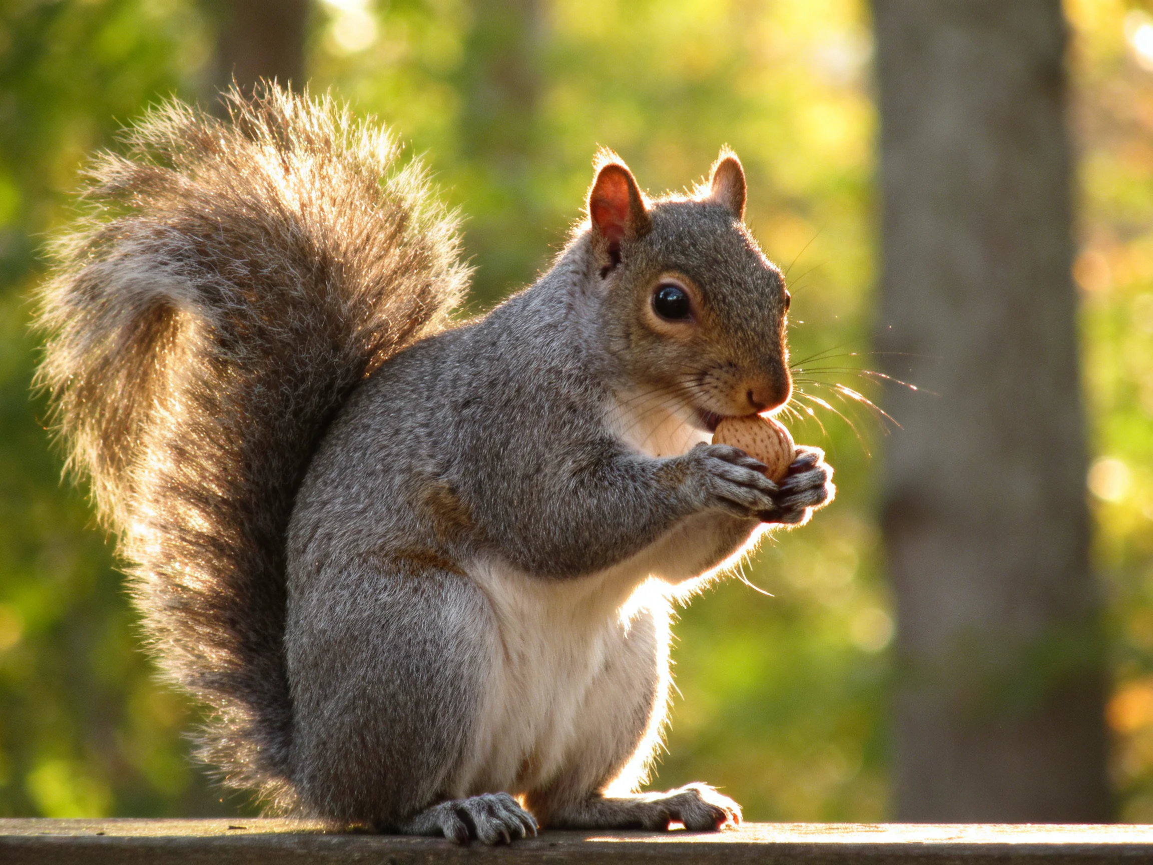 Gray squirrel nibbling a nut on a wooden ledge amid green trees