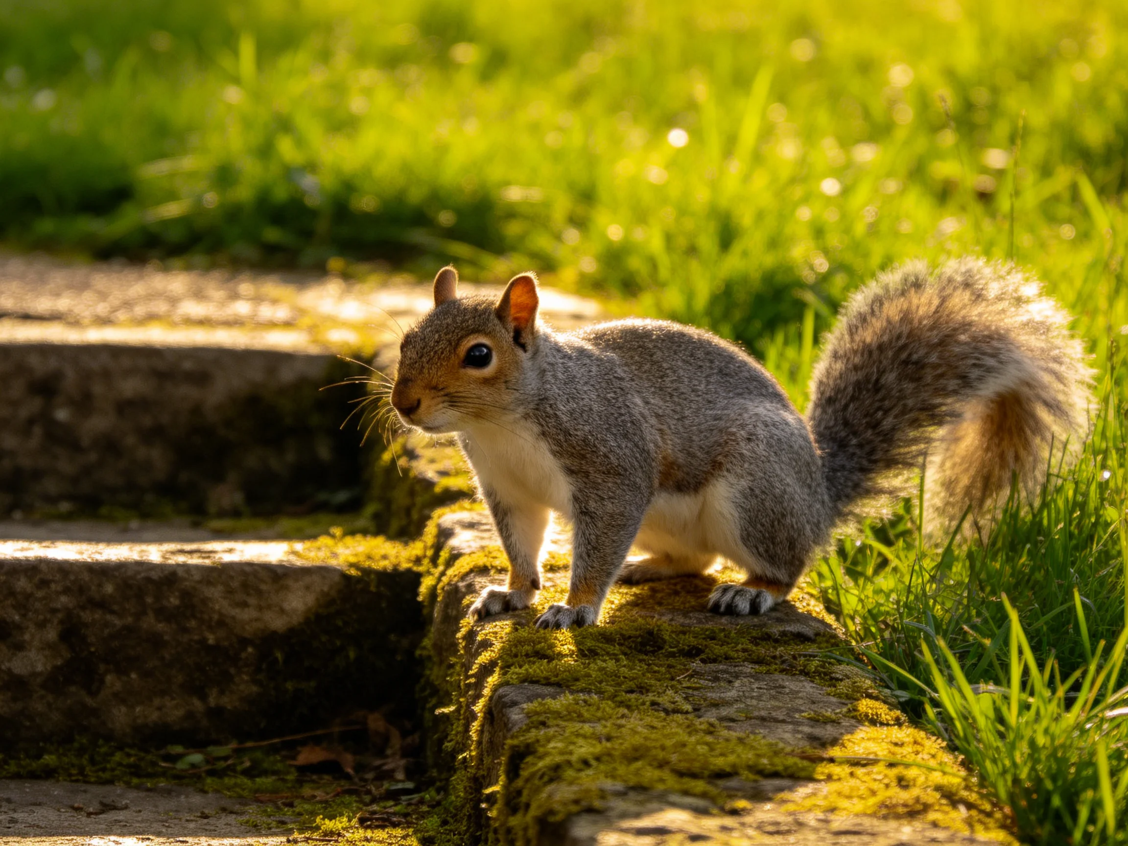 A gray squirrel stands on mossy stone steps among green grass.