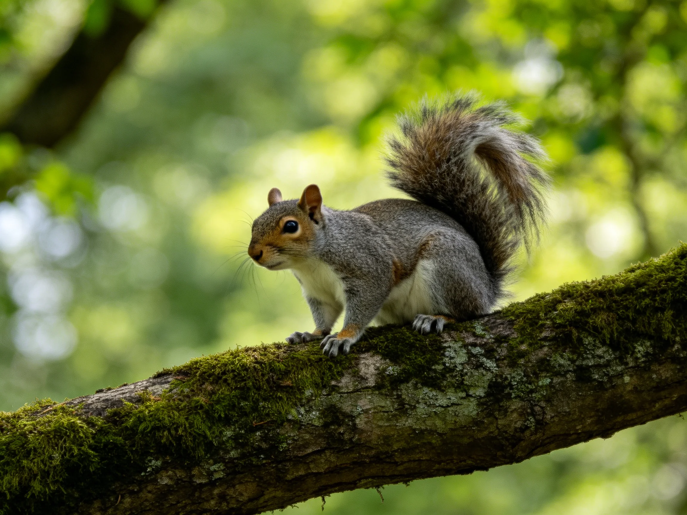 Gray squirrel perched on a moss-covered branch in a sun-dappled forest