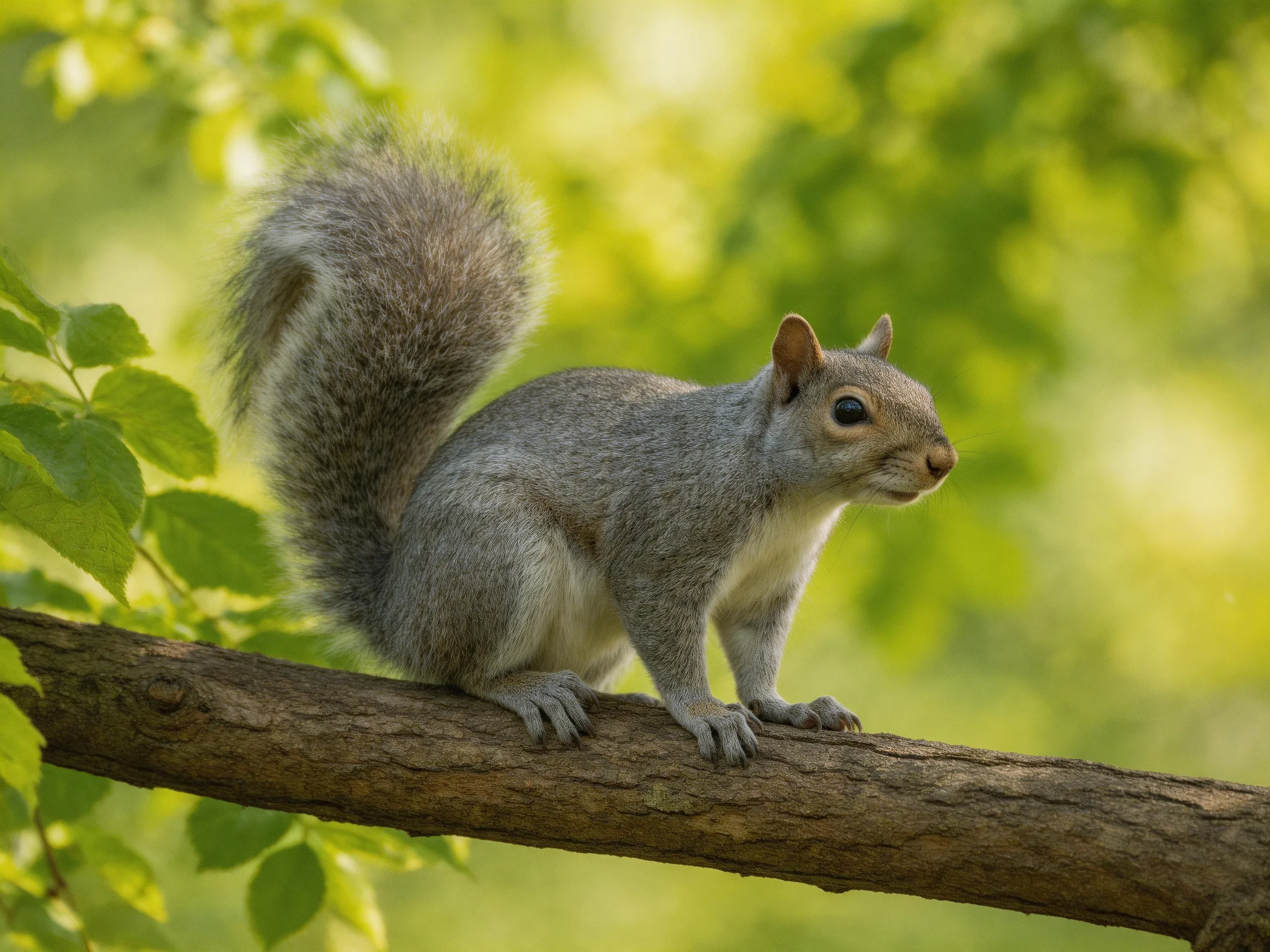 A gray squirrel stands on a tree branch in a sunlit, leaf-filled environment.