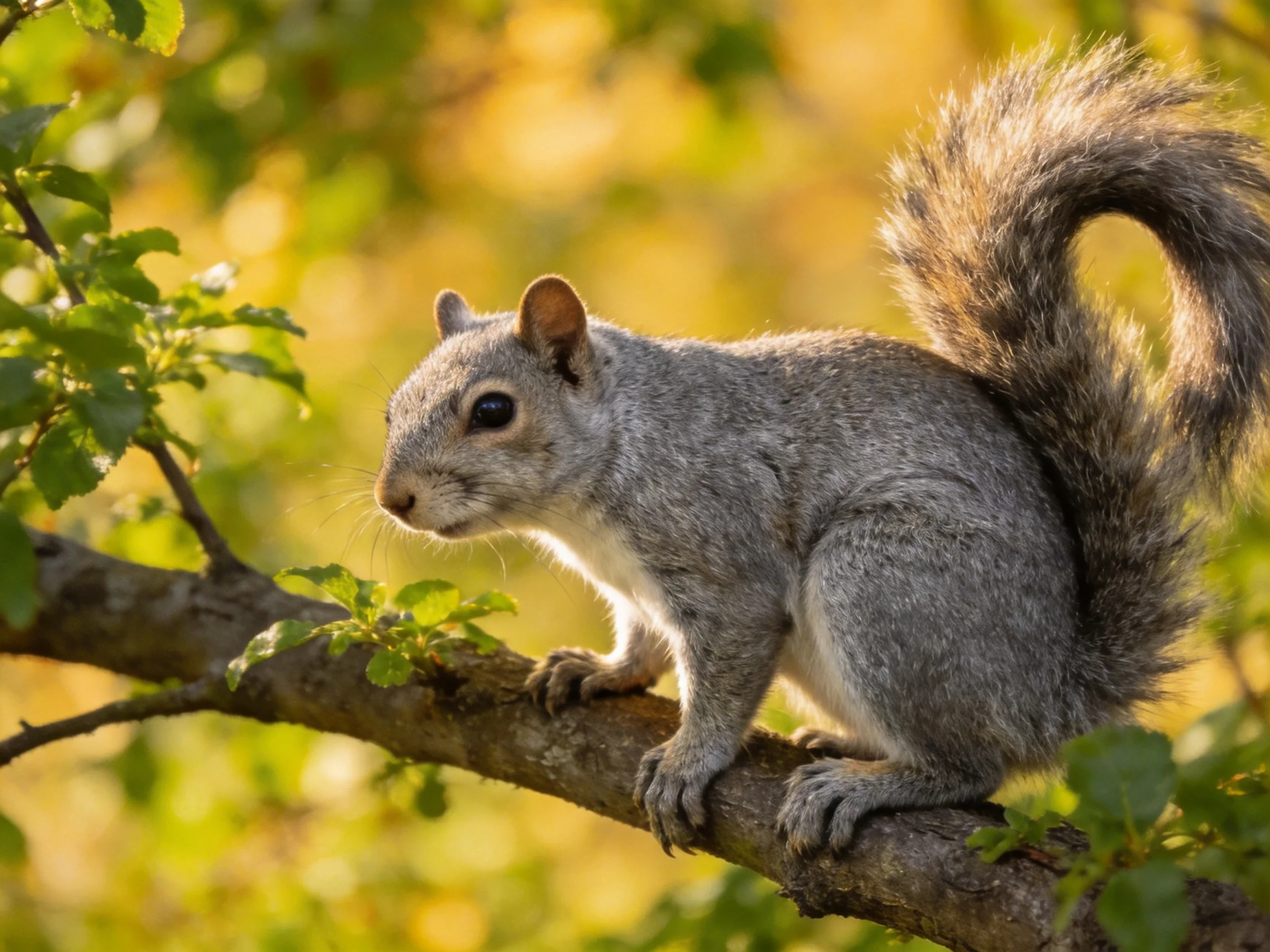 A gray squirrel stands on a tree branch surrounded by green leaves.