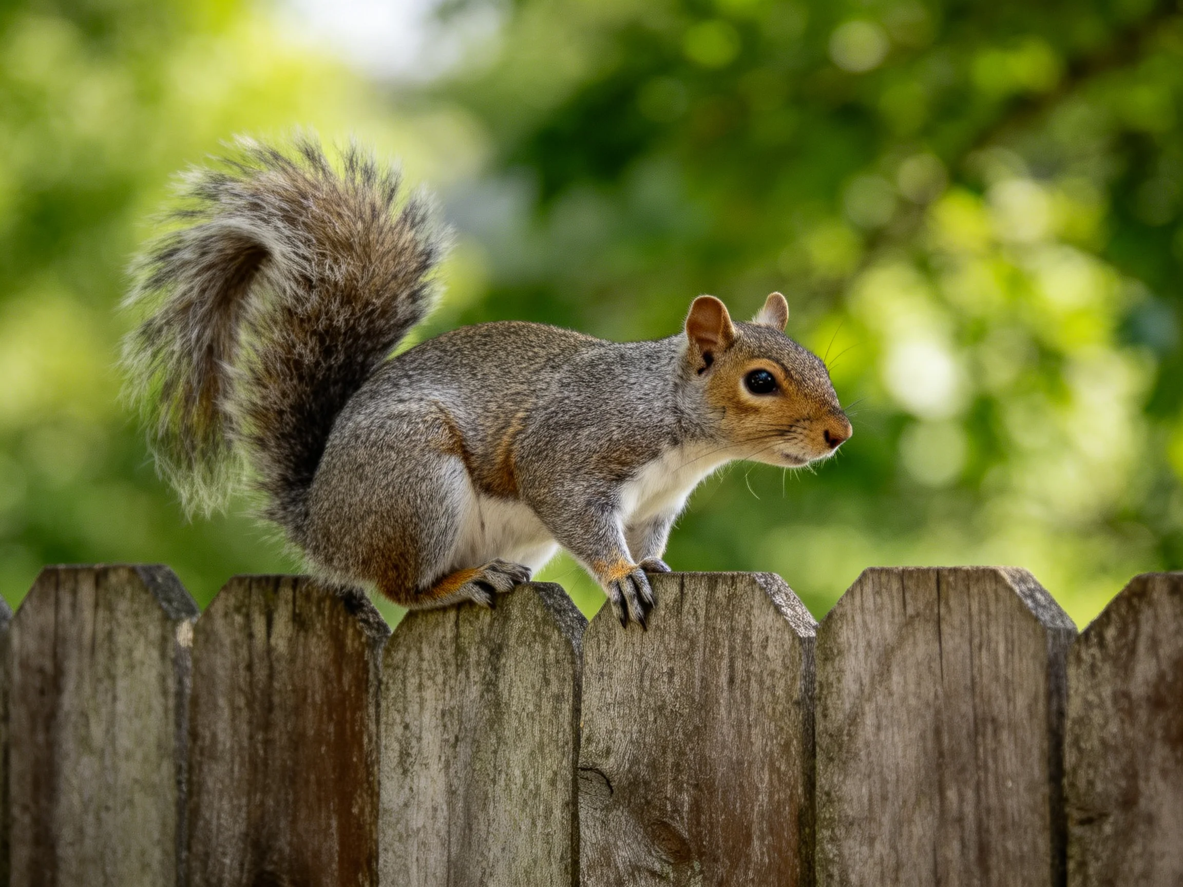 A gray squirrel stands alert on a weathered wooden fence in a sunlit area.